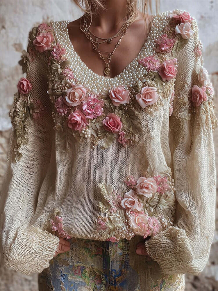 Boho Floral Pearl Embellished Embroidered Vintage Art Women's V-neck Sweater