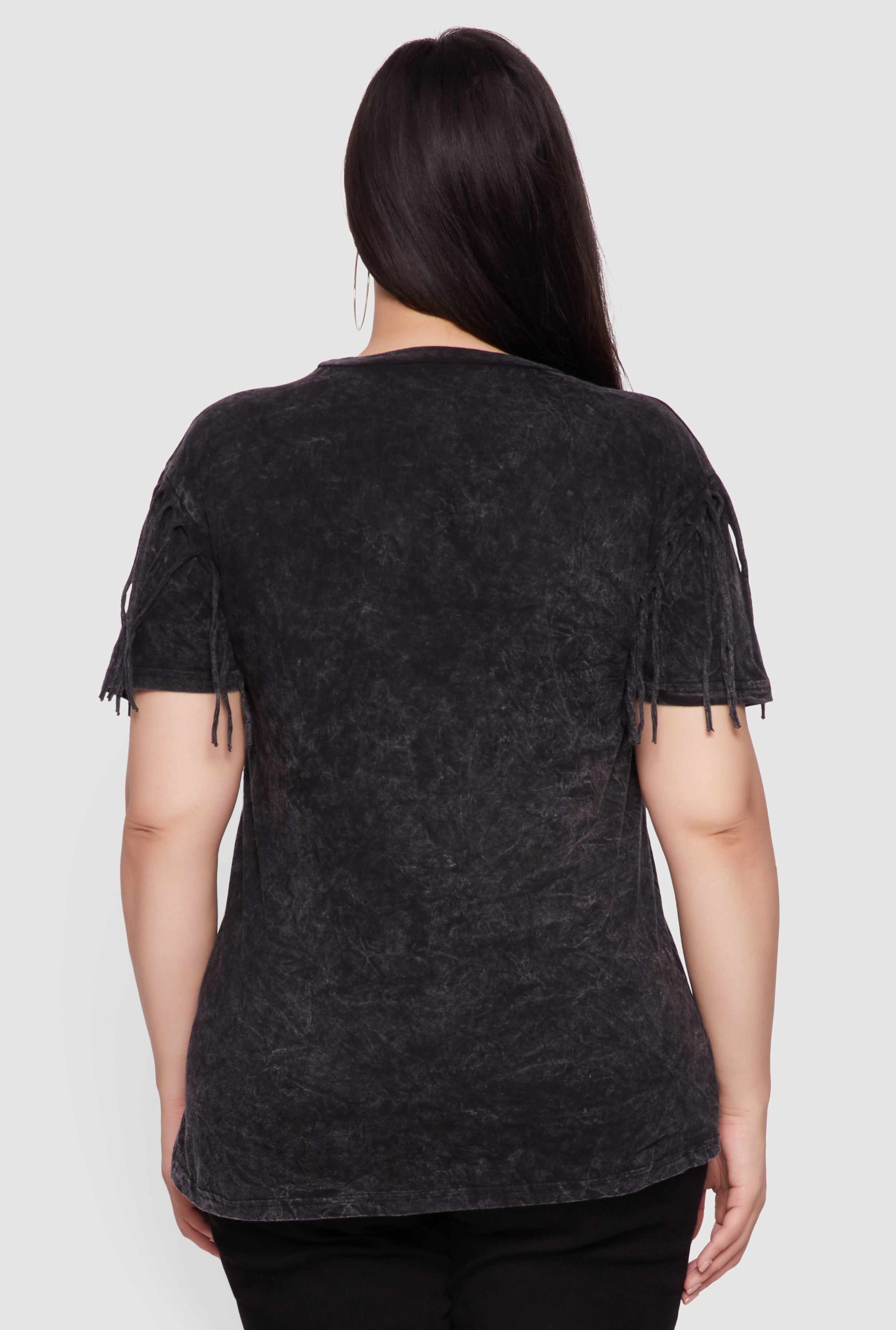Plus Size Trendy Mineral Wash Fringe Sleeve Tee
