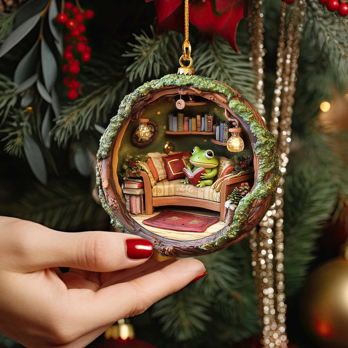 Cozy Frog Reading Nook Ornament