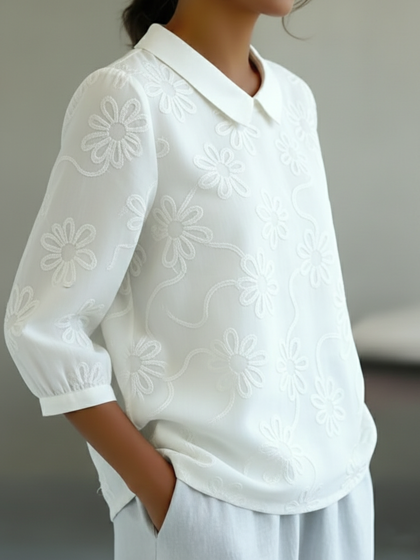 🔥Summer Arrivals🌟Romantic Floral Embroidered Peter Pan Collar Shirt Blouse
