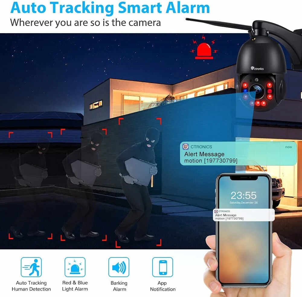 5MP HD PTZ Security Camera with 30X Optical Zoom and 492ft Night Vision