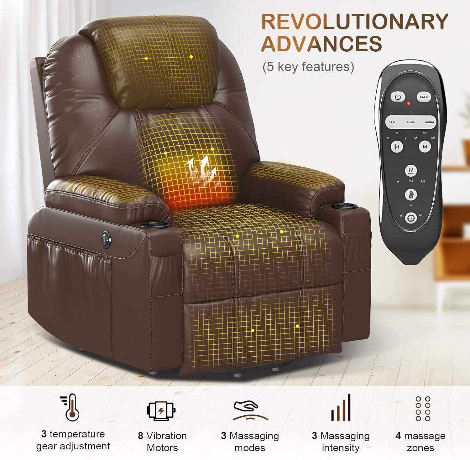 YONISEE Lar2ge Lift Chairs Recliner for Elderly - Power Fabric Lift Chair Modern with Massage and Heat, Extended Footrest, 3 Positions, 2 Side Pockets, and Cup Holders, USB Ports, Coffee Color