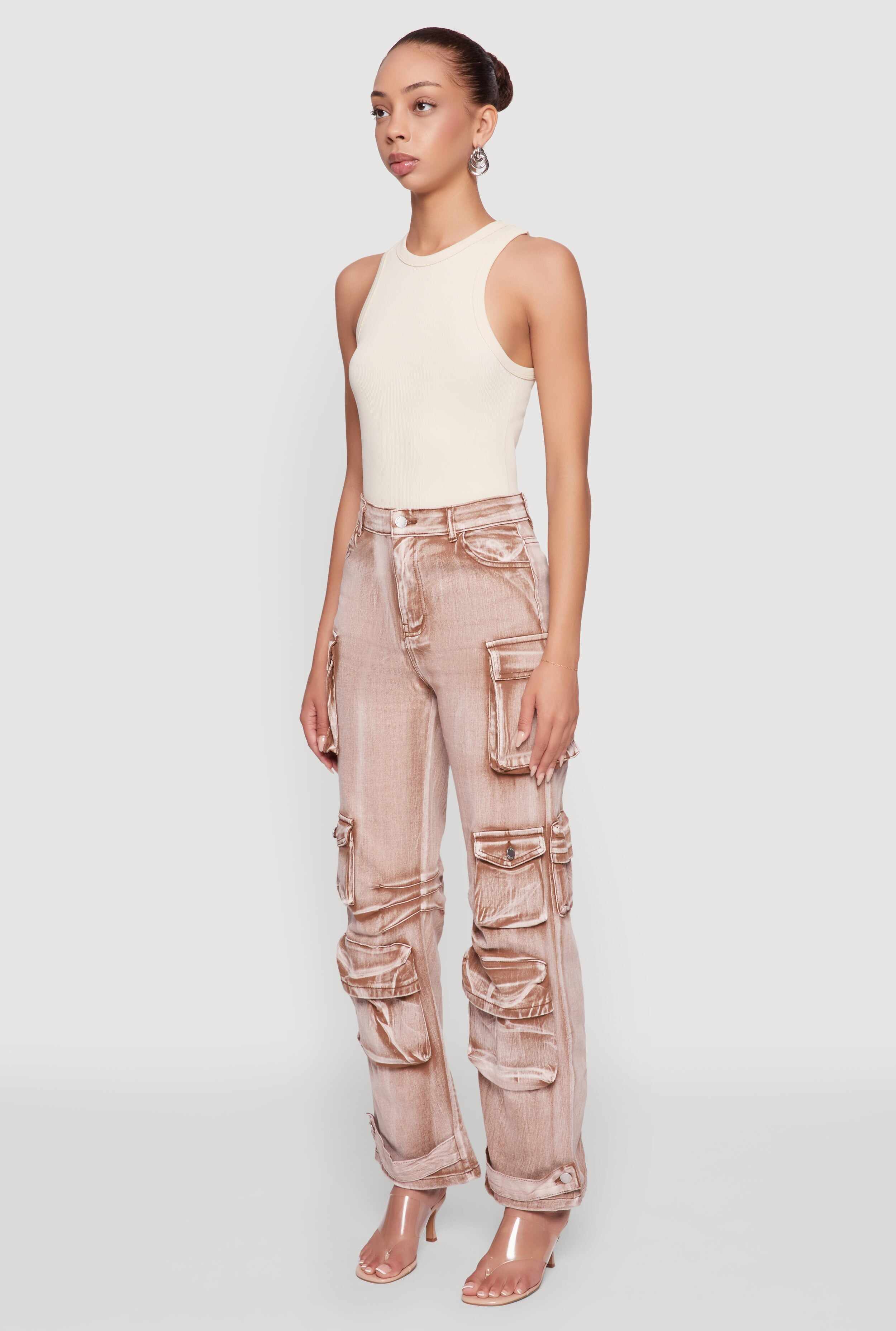 Daisy Acid Wash High Waisted Wide Leg Cargo Pants