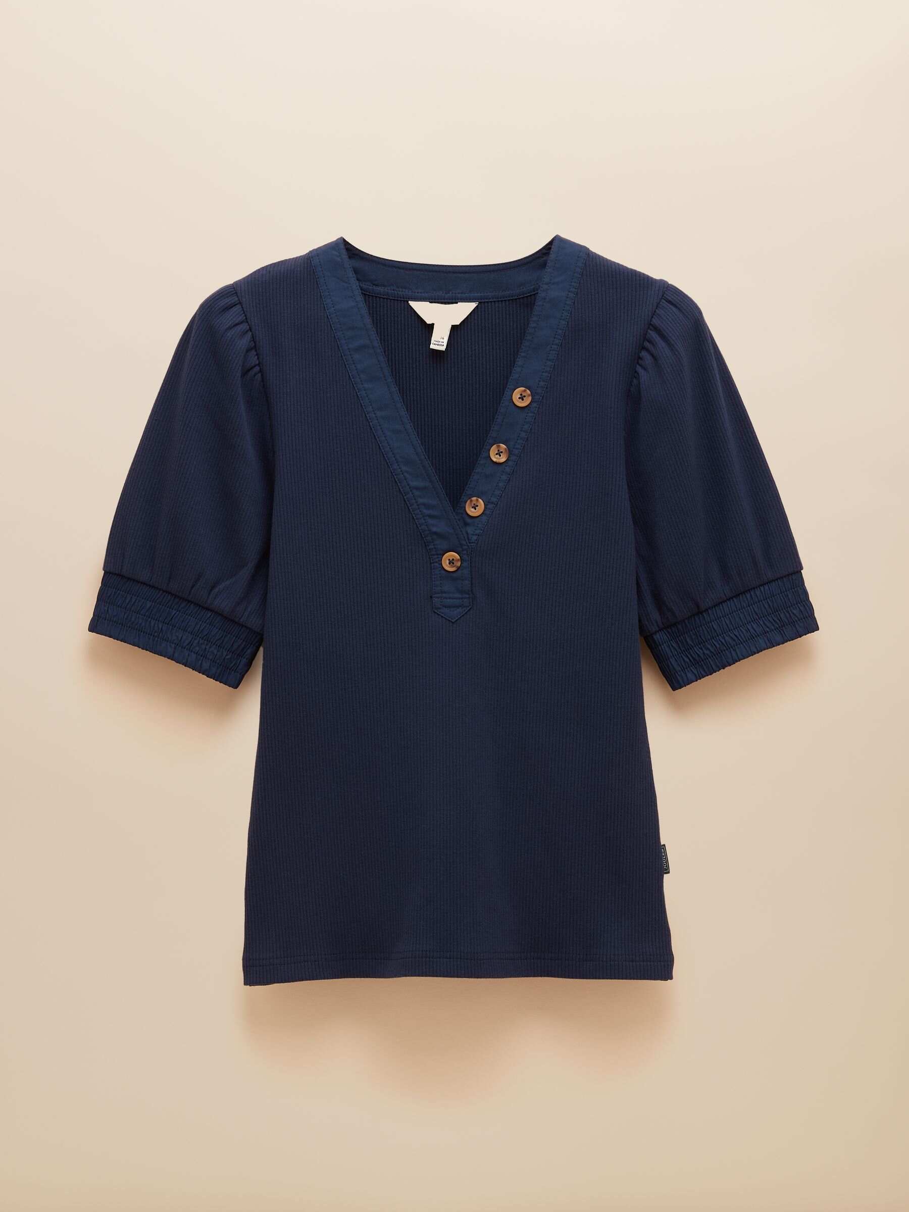 Tabitha Navy Blue Ribbed V-Neck Top With Puff Sleeves