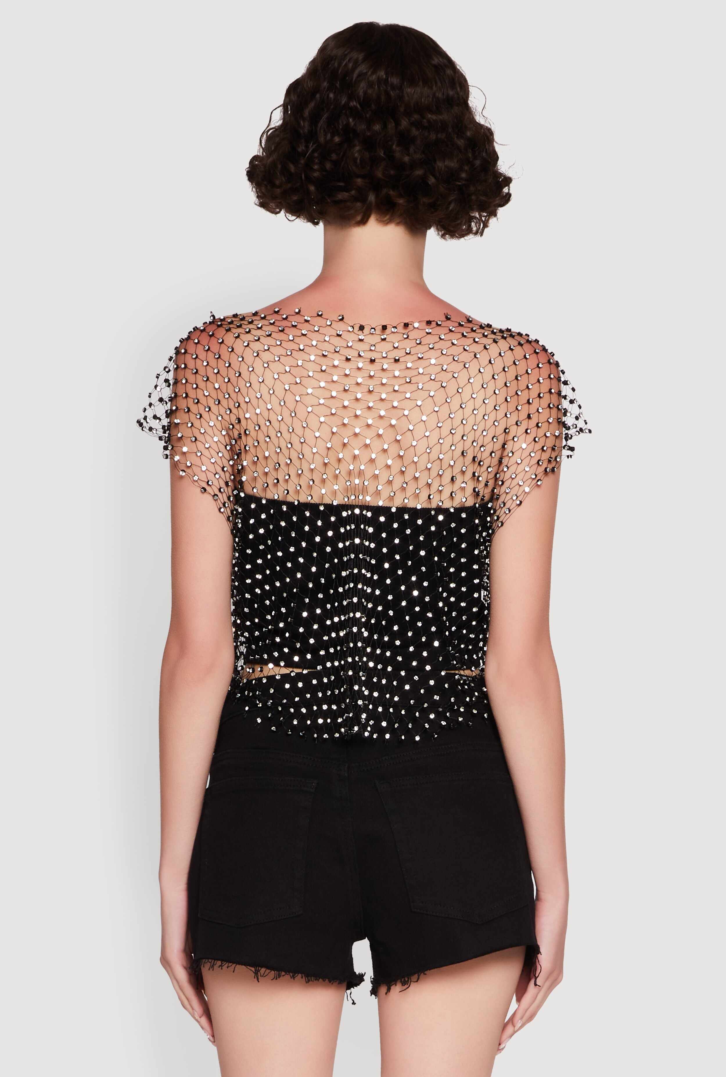 Trendy Rhinestone Fishnet V Neck Crop Top