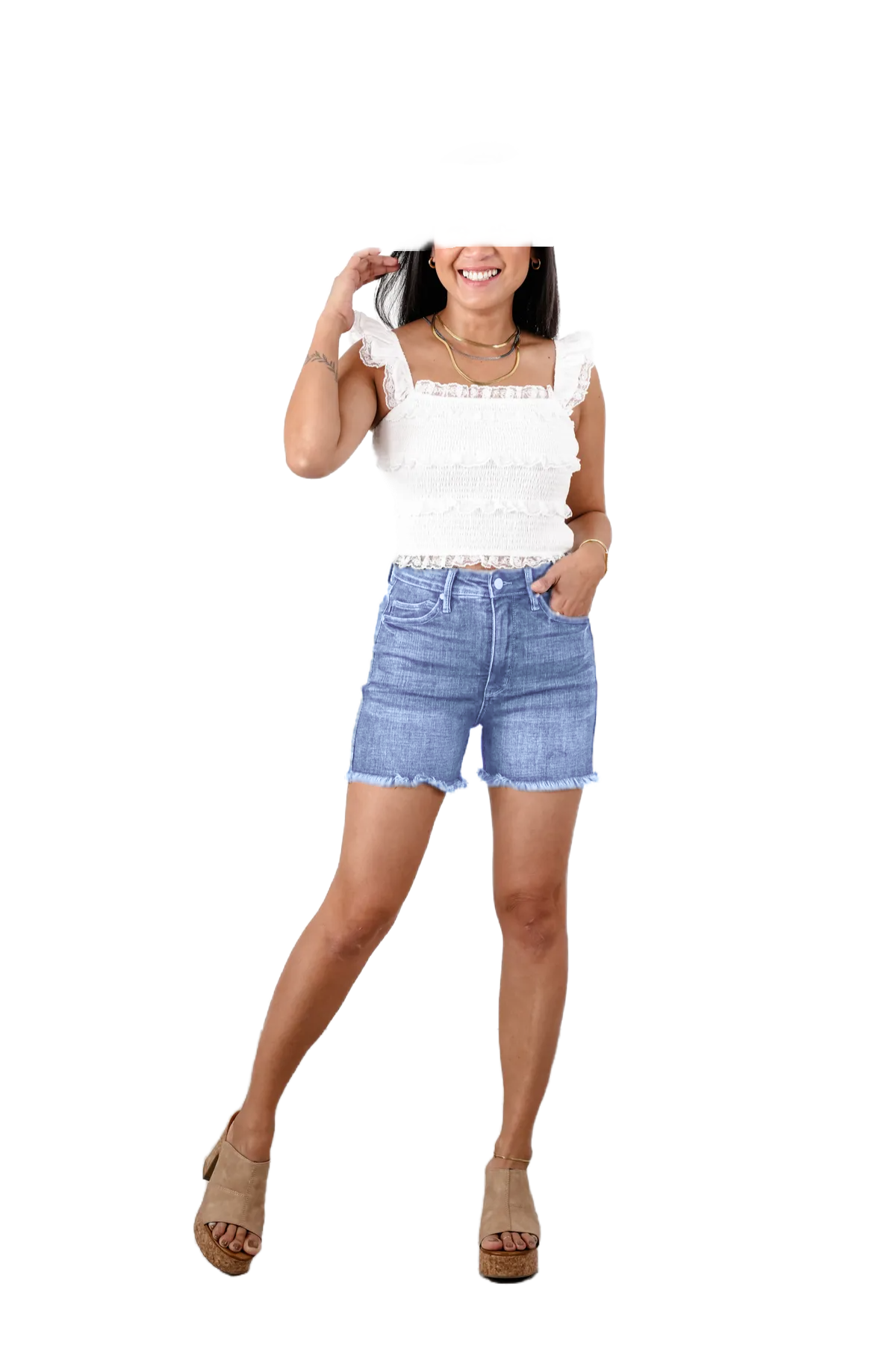 🔥2025 Hot Trend🔥Judy Dark Wash Tummy Control Fray Hem Shorts with Shield Back Pockets