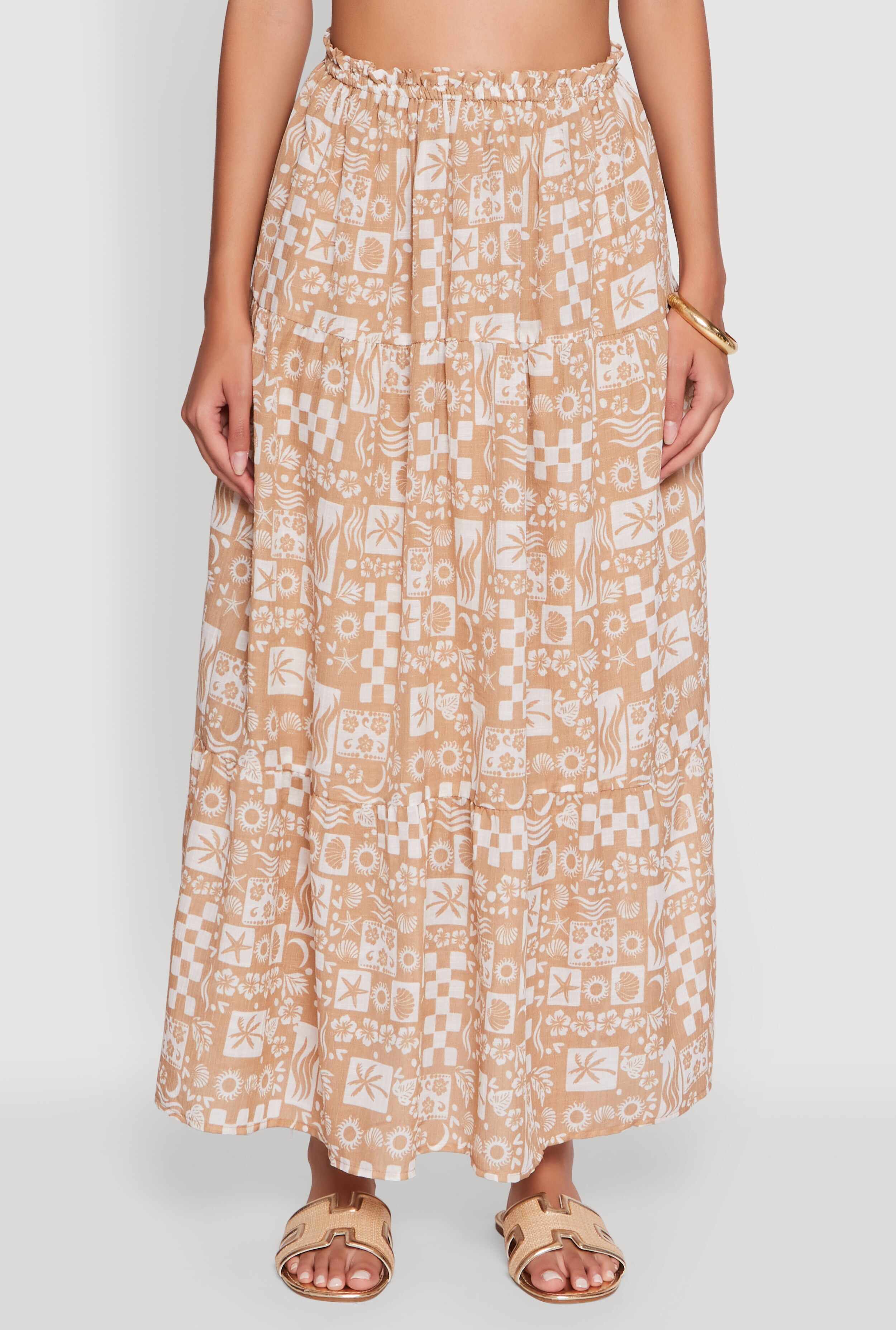 Tropical Print Paper Bag Waist Tiered Maxi Skirt