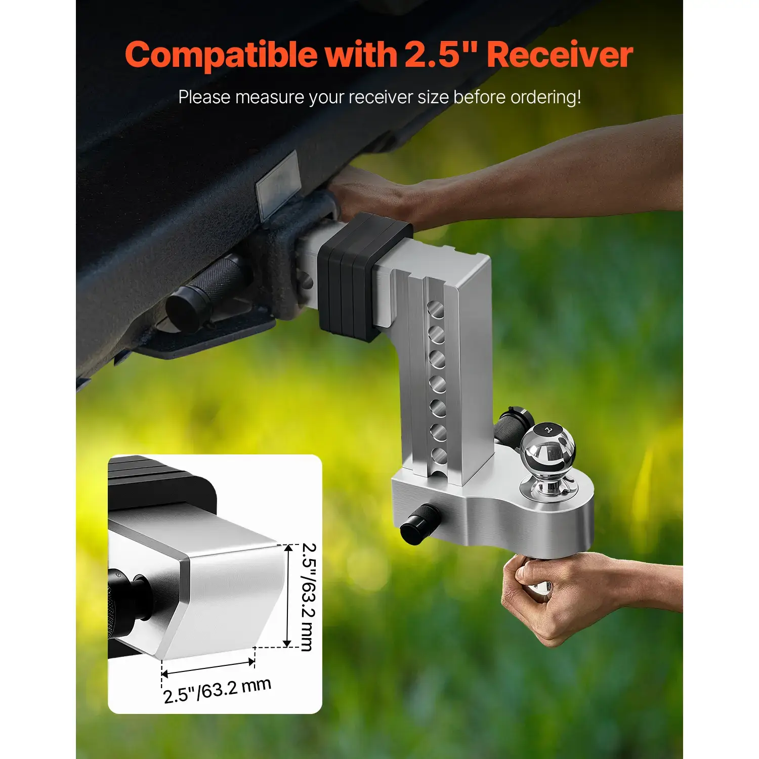 Adjustable Trailer Hitch,  8-Inch Drop Hitch, Tri-Ball Mount for 2.5-Inch Hitch Receiver, Trailer Ball Size 1-7/8