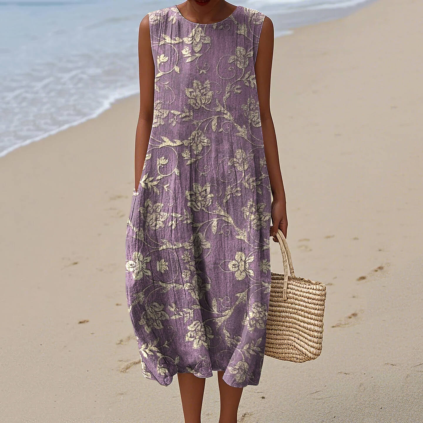 Women's Vintage Folk Art Floral Pattern Print Sleeveless Cotton Wrap Dress