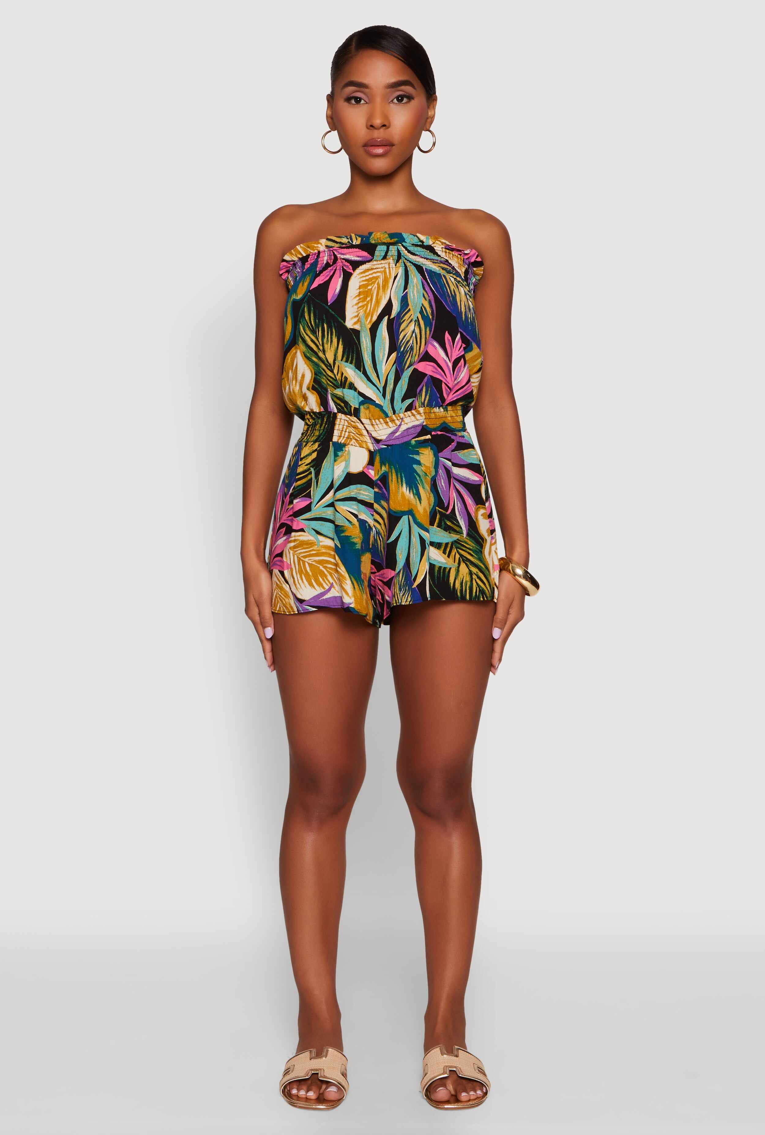Tropical Leaf Print Ruffle Tube Romper
