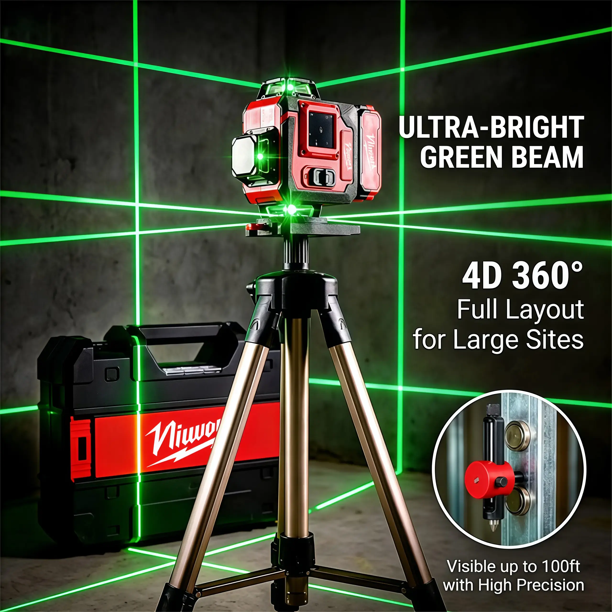 Professional Outdoor Green Line Laser Level with Horizontal & Vertical Lines Precise Automatic Calibration Contractor-Grade Tool for Construction & Gardening