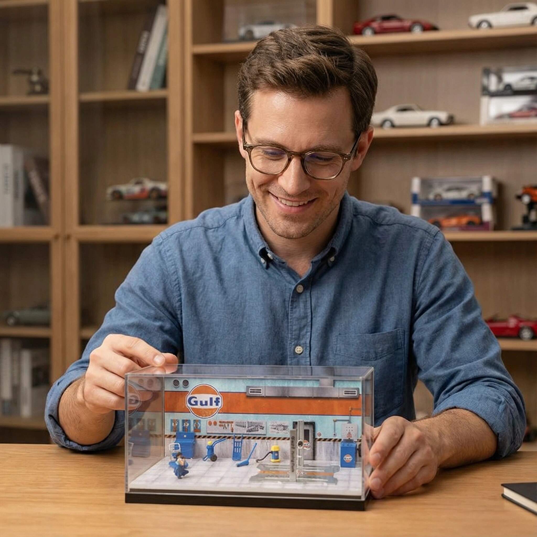 1:64 Scale Classic Oil Service Garage Diorama Display Case – Vintage Workshop Scene for Diecast Cars