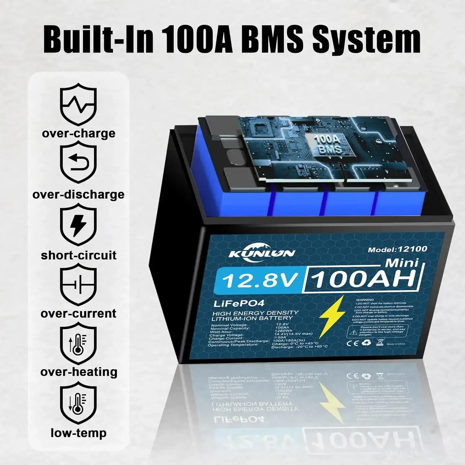 12V 100Ah LiFePO4 High Capacity Battery Model 12100 - 100A Smart BMS, 5000+ Cycles, 1280Wh Energy, Maintenance-Free Rechargeable Outdoor Emergency Power Station for RV, Off-Grid Solar, Marine Trolling Motors