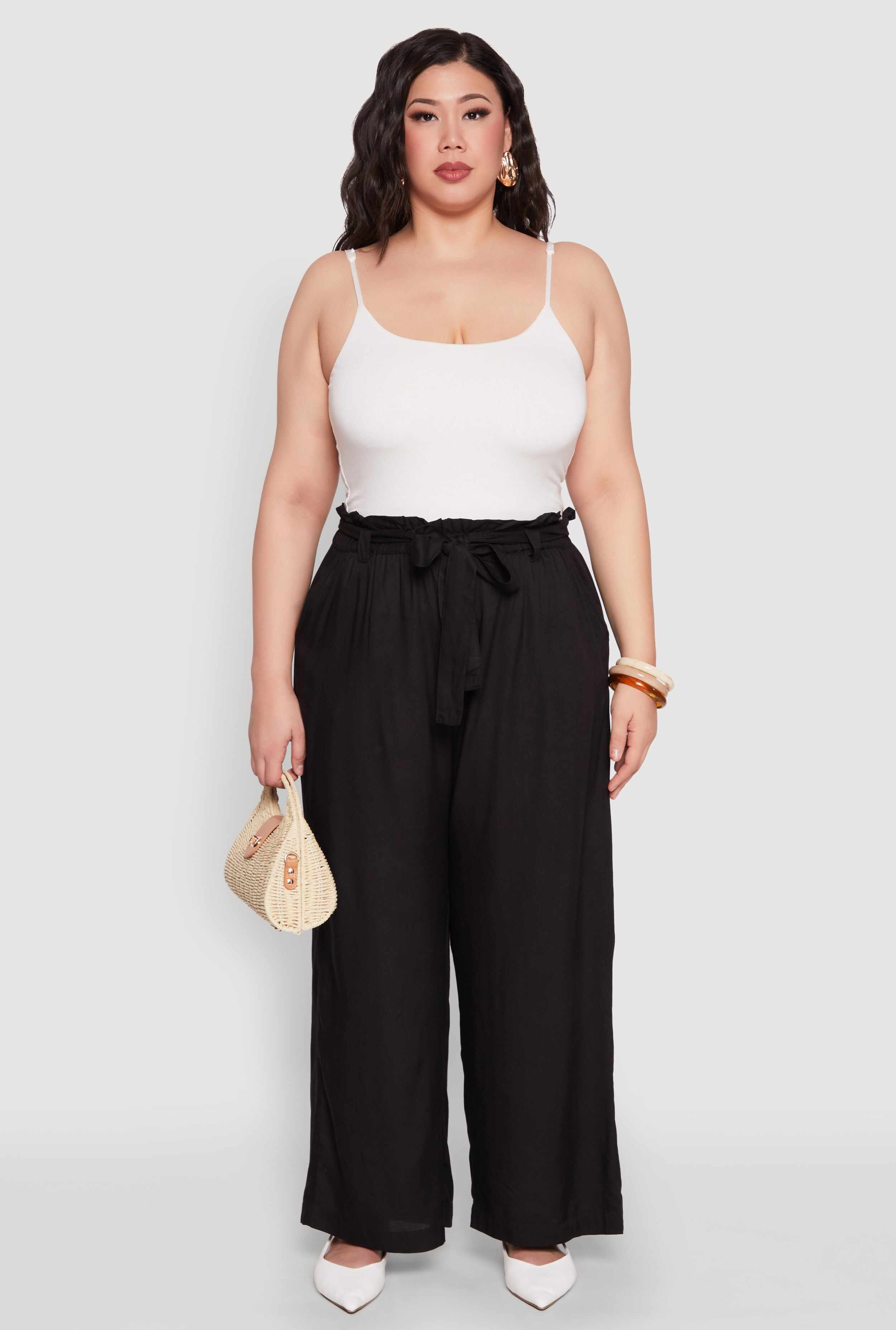 Plus Size Paper Bag Waist Belted Pants