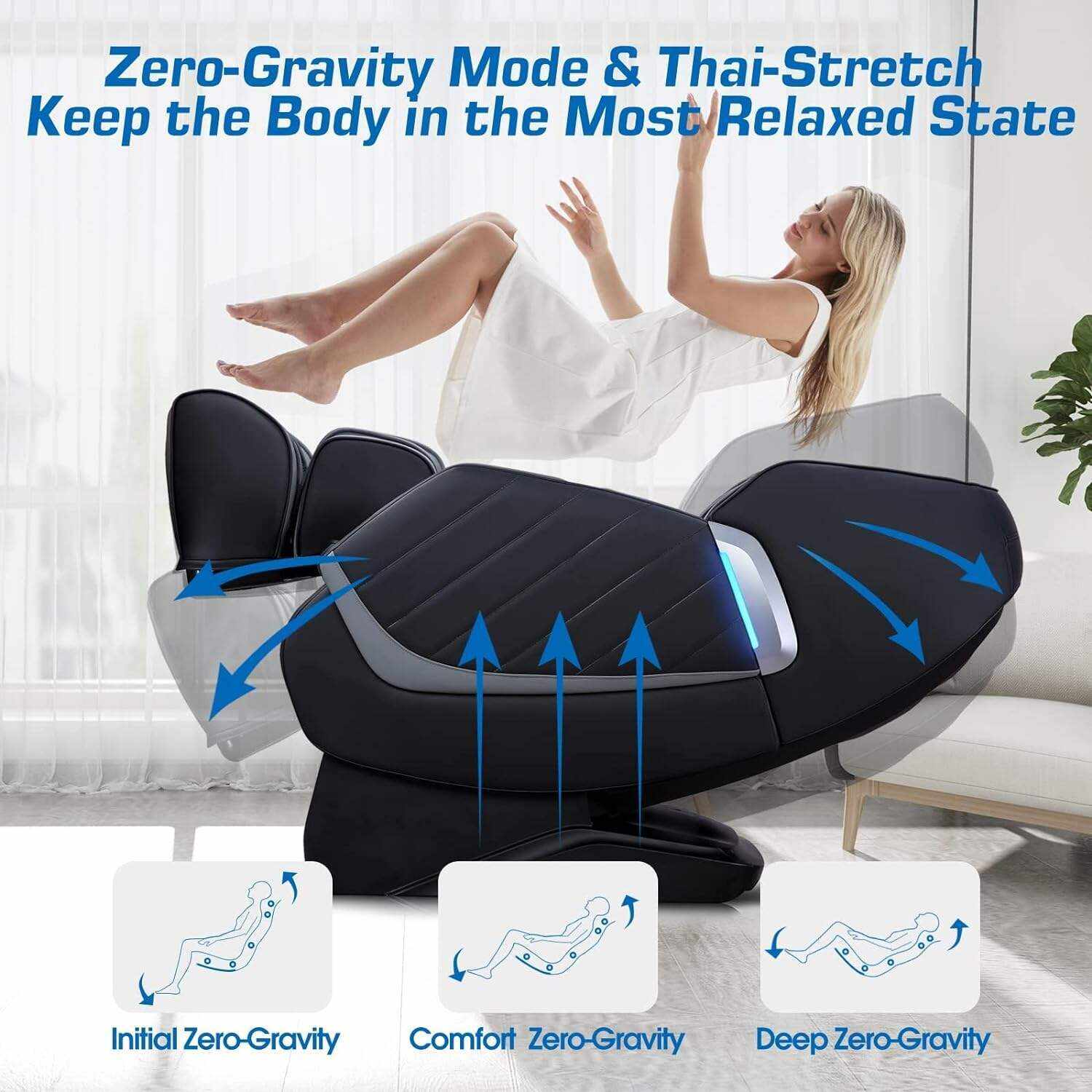 HealthRelife Massage Chair Zero Gravity, Full Body Recliner with Heat Air Pressure SL Track 24 Airbags, Shiatsu Foot Roller Massage Thai-Stretch Bluetooth Speaker, Black&Grey