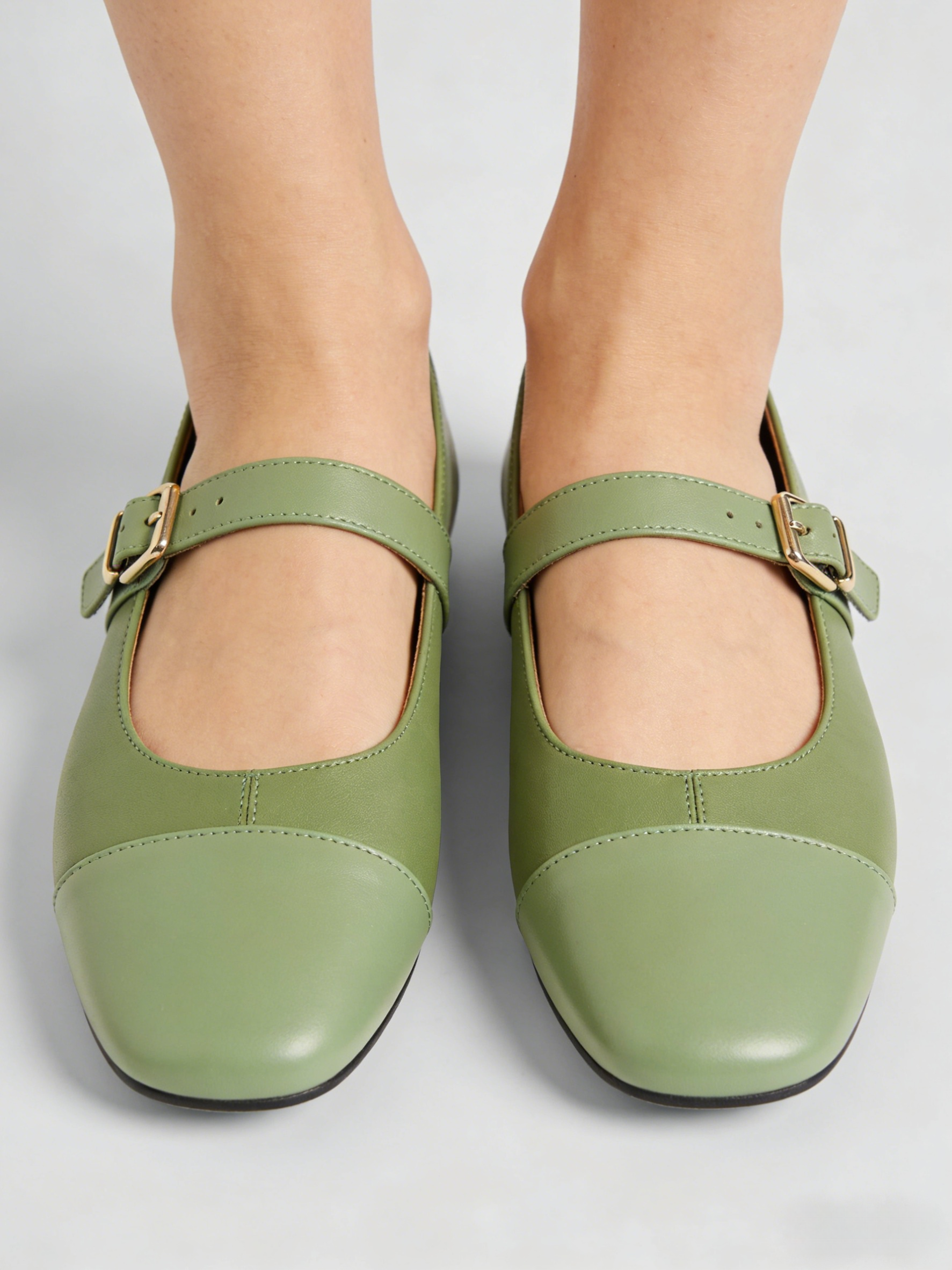 Soft Green Cowhide Leather Splicing Buckle Strap Flats Shoes
