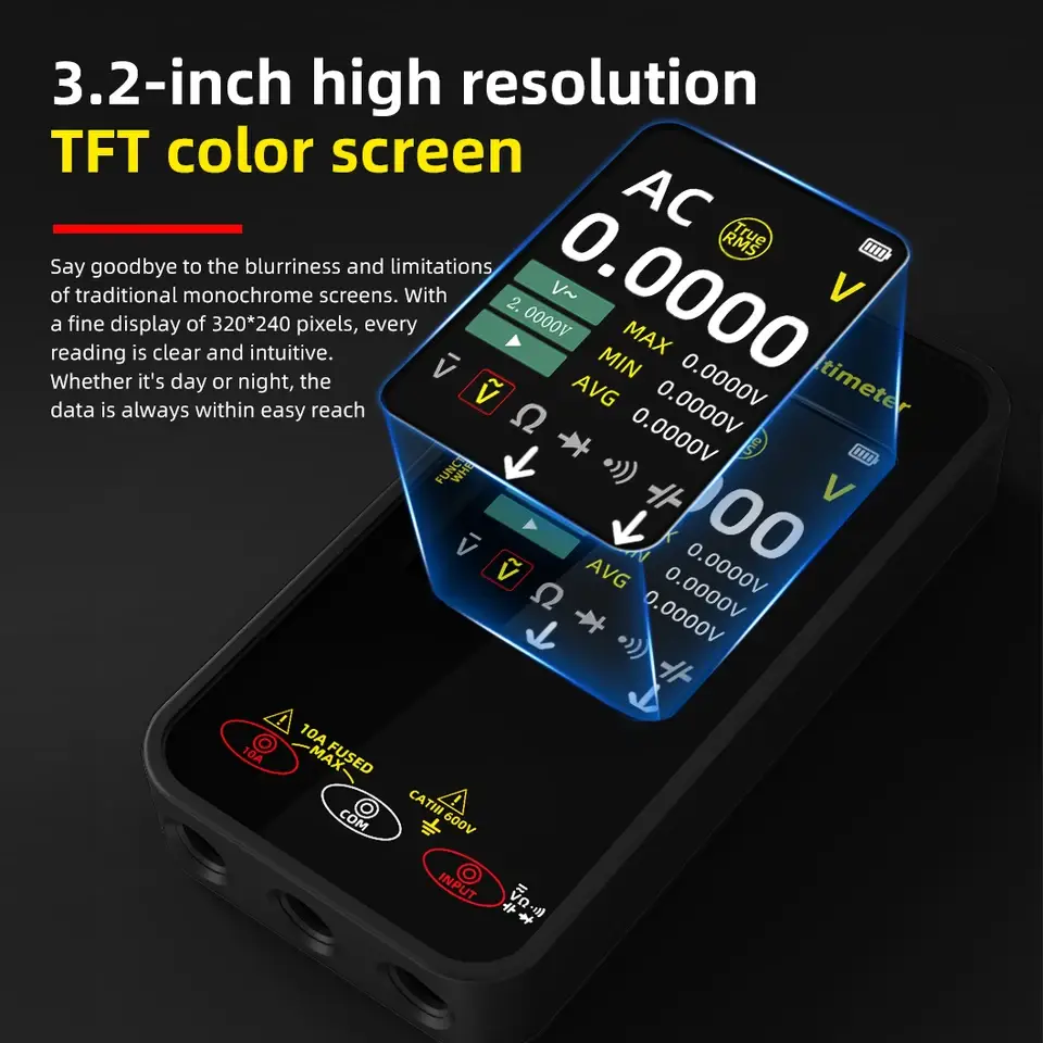 Intelligent Digital Multimeter, Voltage Waveform Recording, Temperature Testing, Current,  Screen Can  Rotated For Display