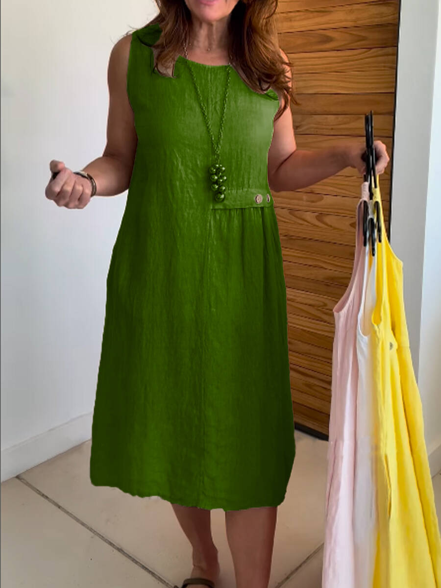 🔥Summer Arrivals🌟Women's Round Neck Pocket Cotton and Linen Dress