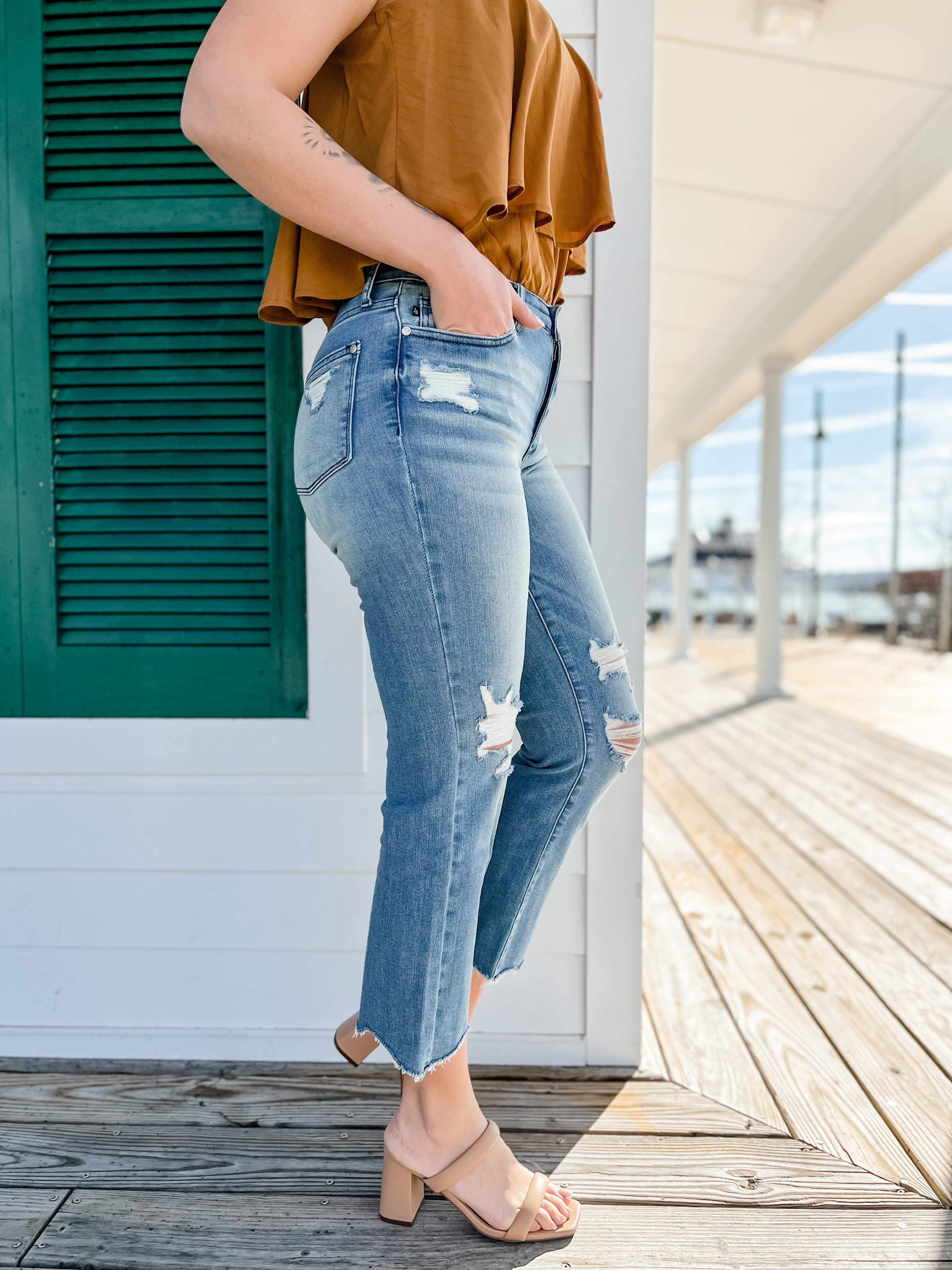 🔥Hot Sales🔥Look At Me Now Medium Wash Mid Rise Distressed Cropped Straight Leg Jeans