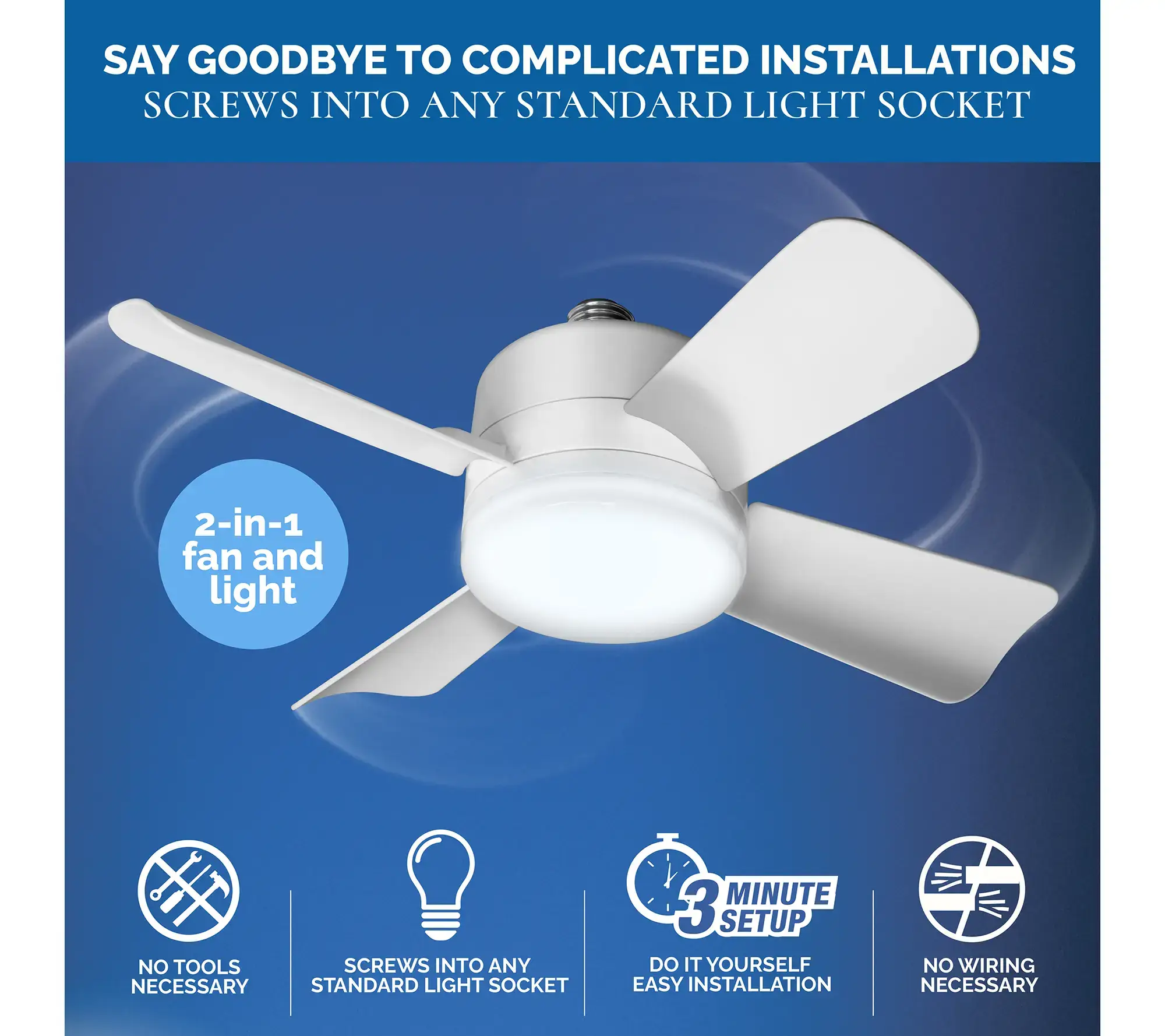 2-in-1 Socket Ceiling 3 Speed Fan & LED Light with Remote