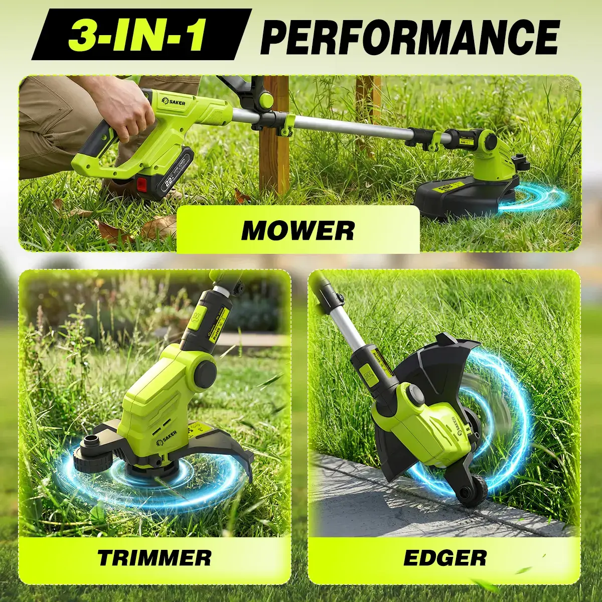 22V 12-in Cordless Lawn Mower, 3-in-1 Garden Tool (Mower, Trimmer, Edger) with Auto Cord Feed, 2×2.0Ah Batteries, Lightweight for Small to Medium Backyards