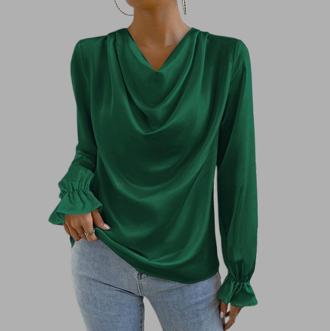 Women's Elegant Cowl Neck Long Sleeve Ruffled Cuffs Satin Blouse