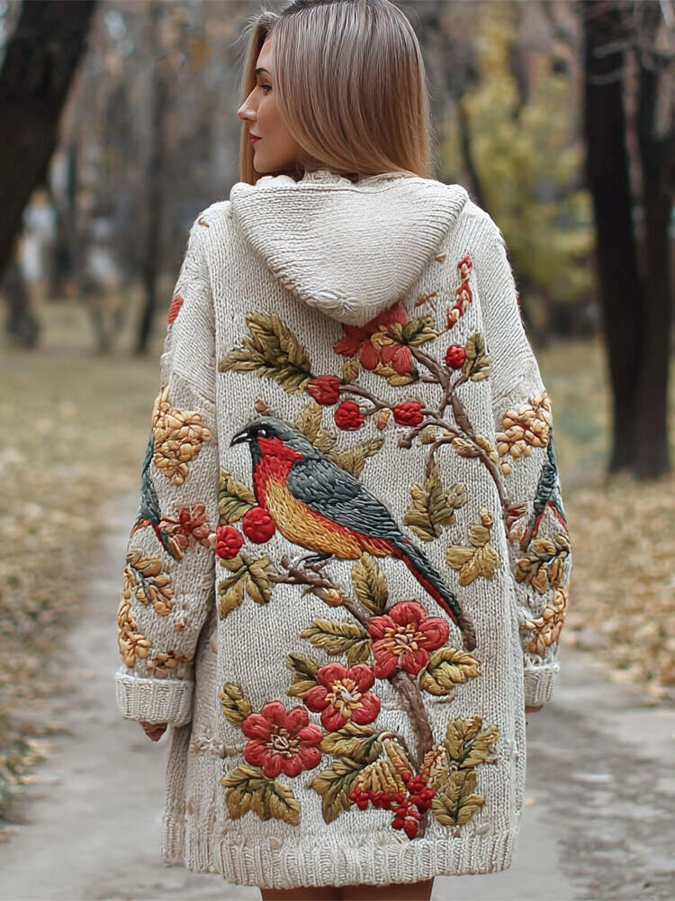 Vintage Bird & Flower Embroidery Women's Knit Hooded Cardigan