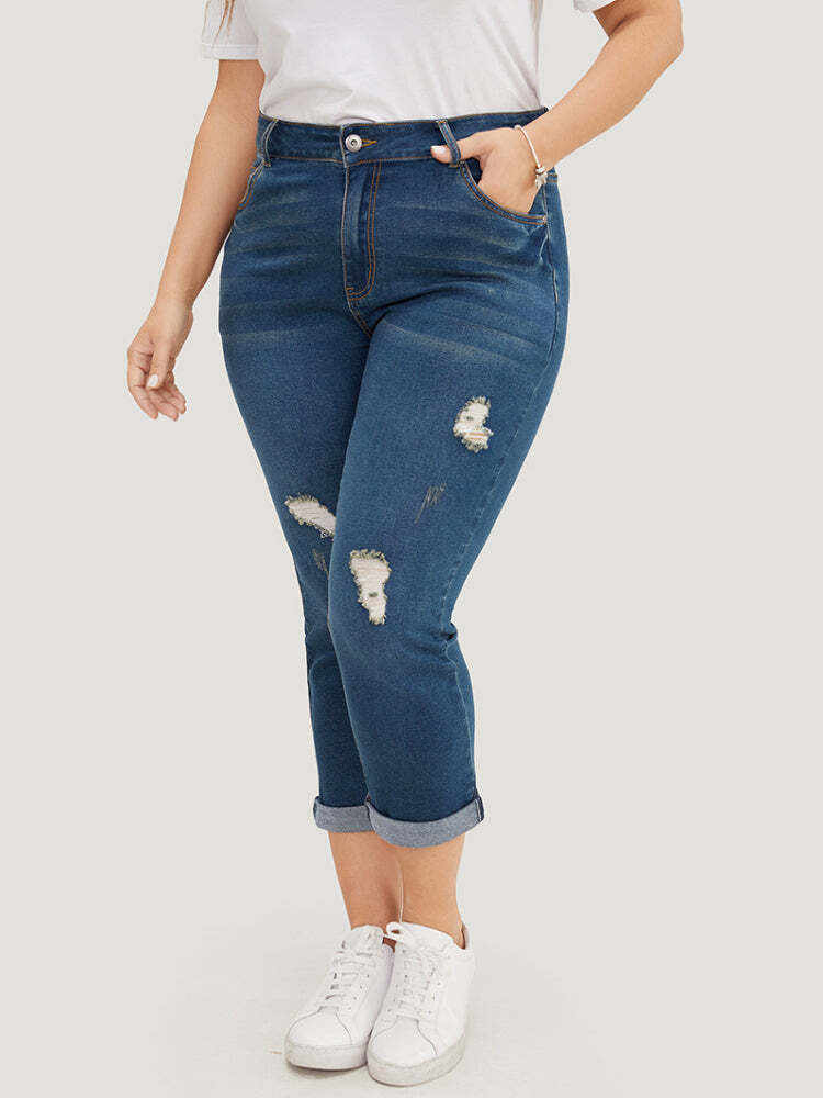 Very Stretchy  Dark Wash Roll Hem Cropped Jeans