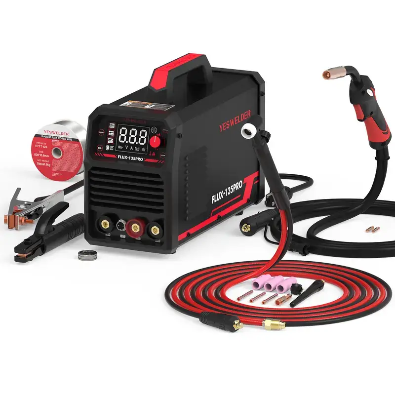FLUX-135PRO 135Amp 110V Flux Core MIG Welder, Gasless MIG/Lift TIG/Stick 3-in-1 Welding Machine, Digital Display DC IGBT Synergic Control