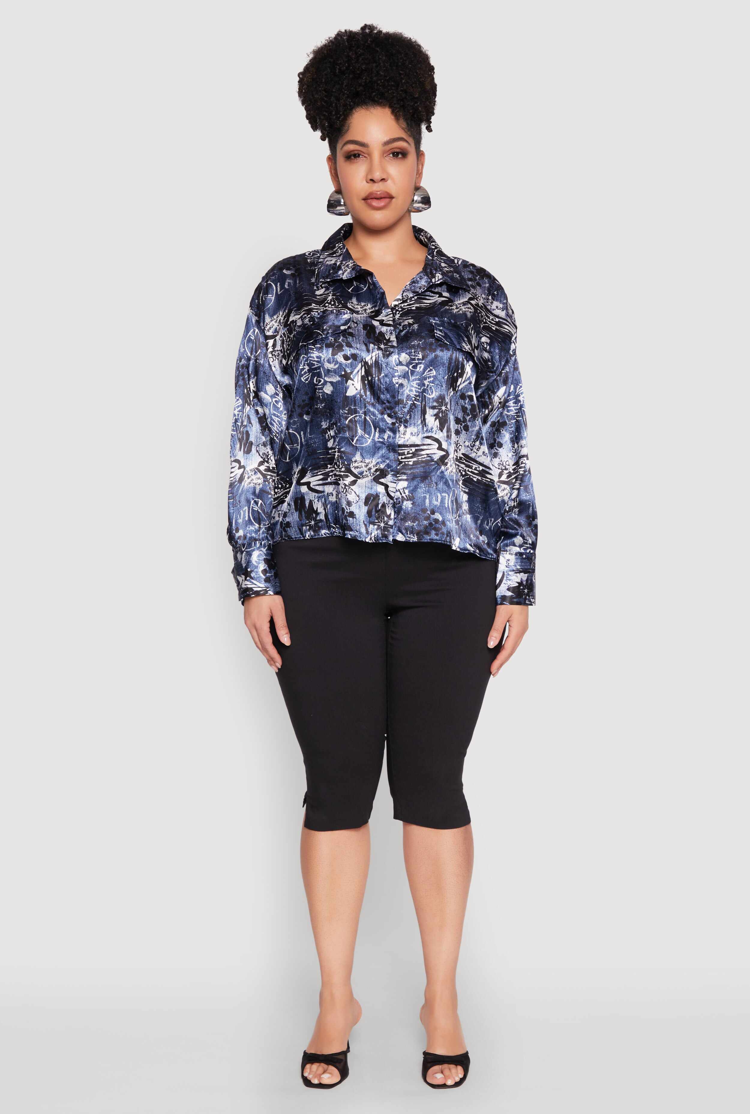 Plus Size Satin Graffiti Printed Pattern Shirt