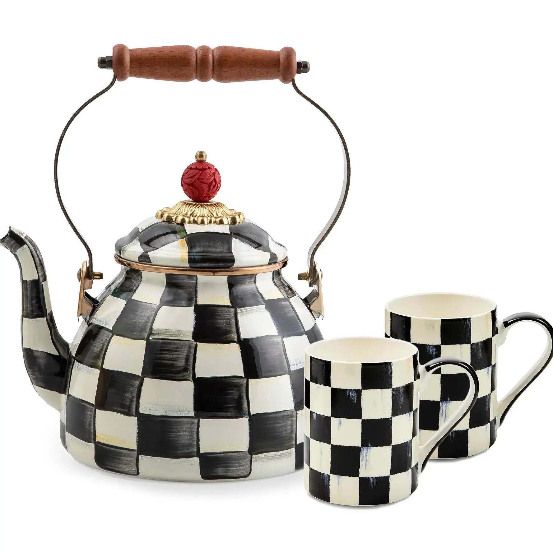 2Qt Enamel Tea Kettle and Set of 2 Mugs