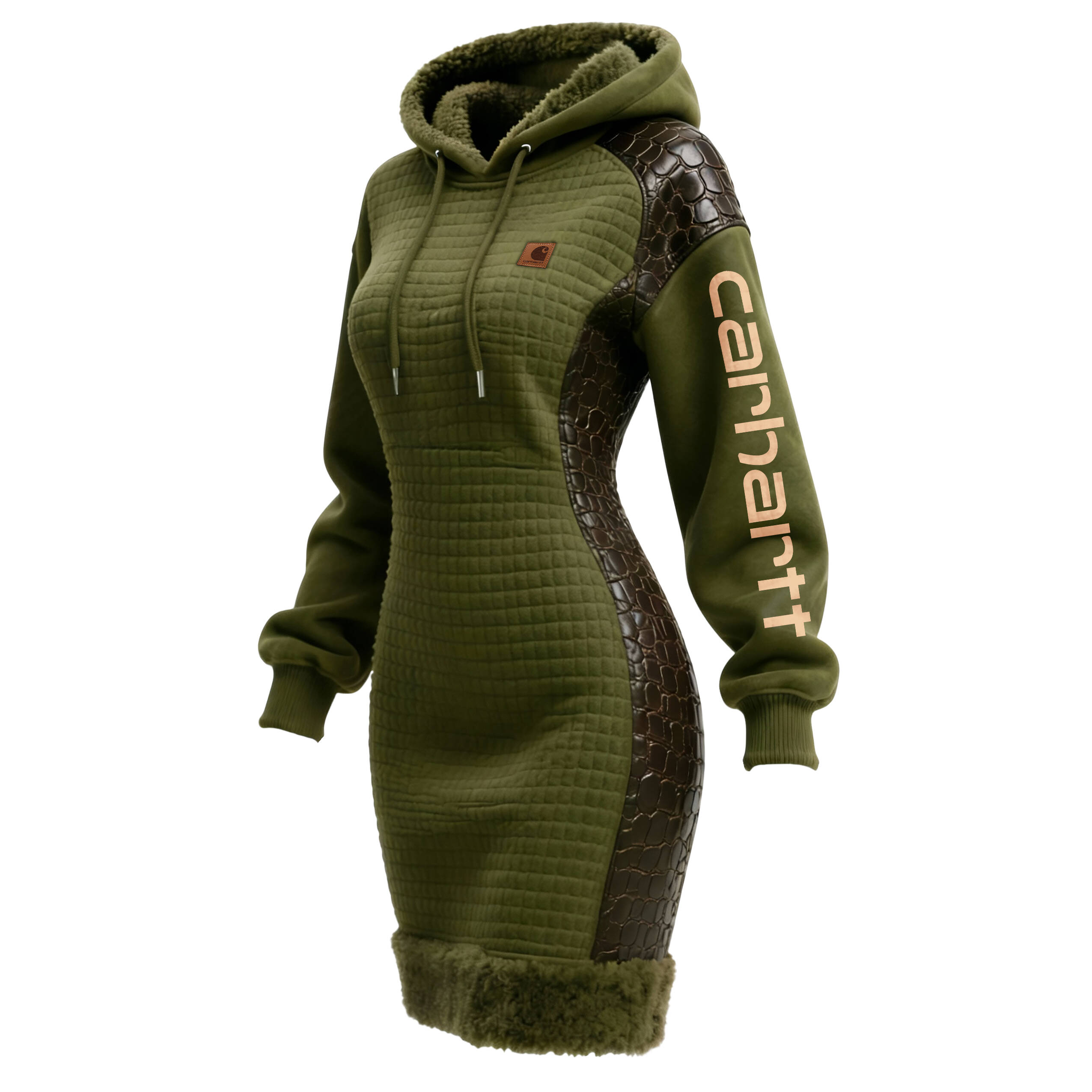 Women's Contrast Color Stitching Suede Lambswool Lapel Hooded Long Sweatshirt Dress