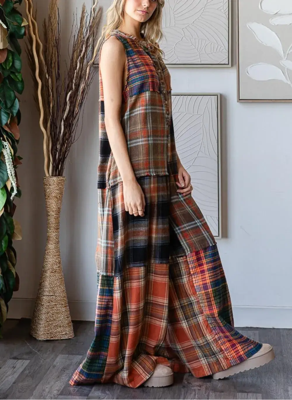 Extra Wide Leg Plaid Button Jumpsuit