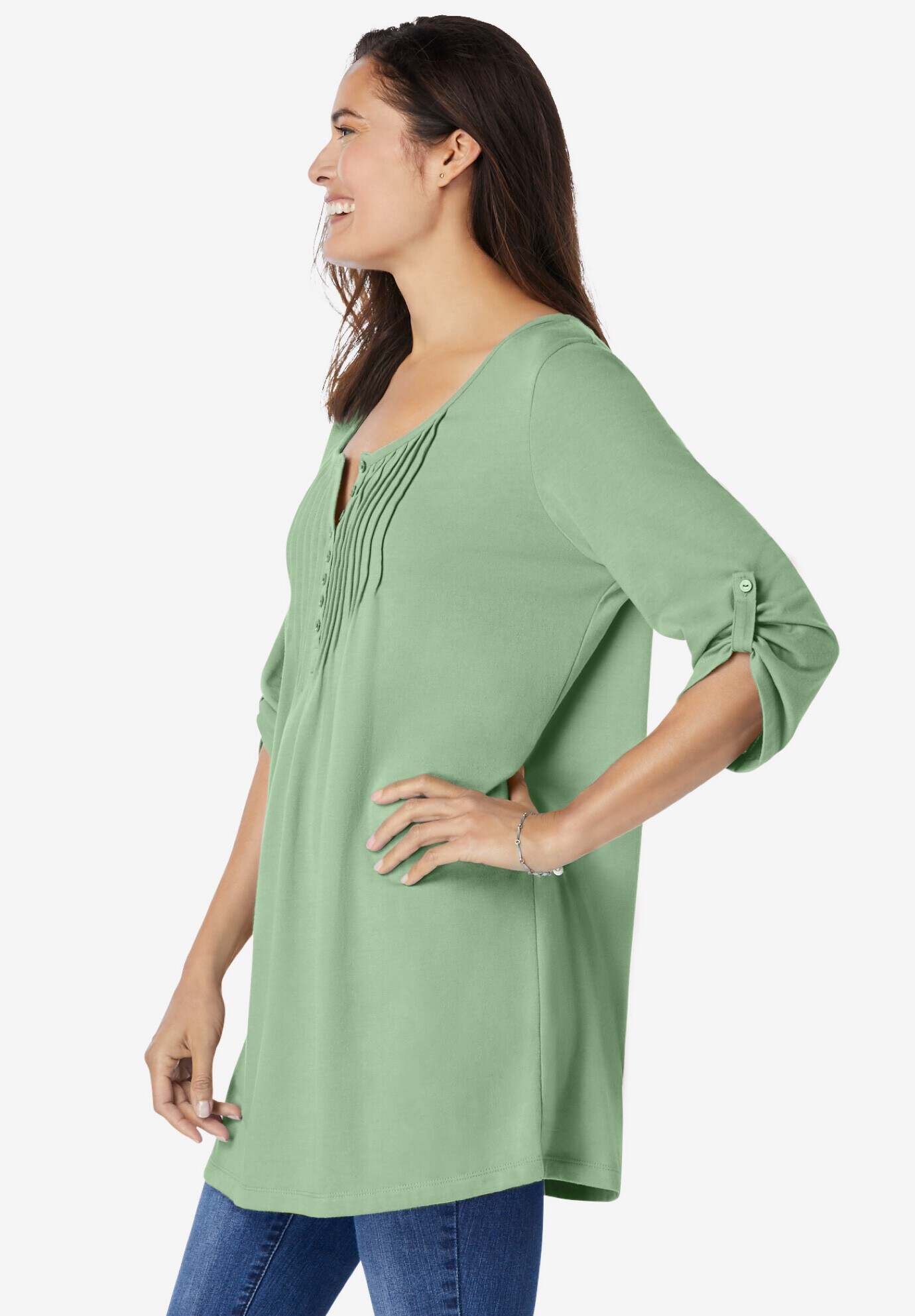 7-Day Three-Quarter Sleeve Pintucked Henley Tunic