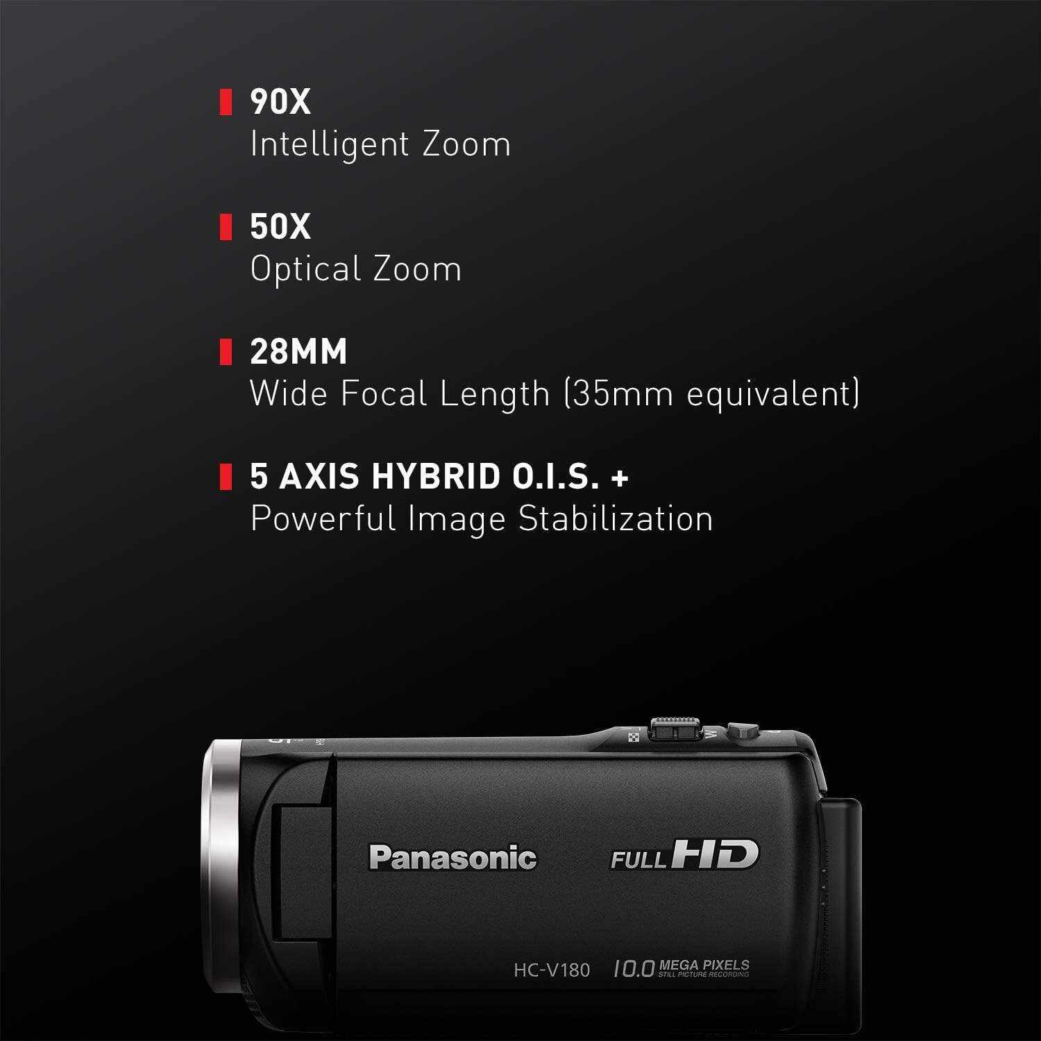 Panasonic Full HD Video Camera Camcorder HC-V180K, 50X Optical Zoom, 1/5.8-Inch BSI Sensor, Touch Enabled 2.7-Inch LCD Display (Black)