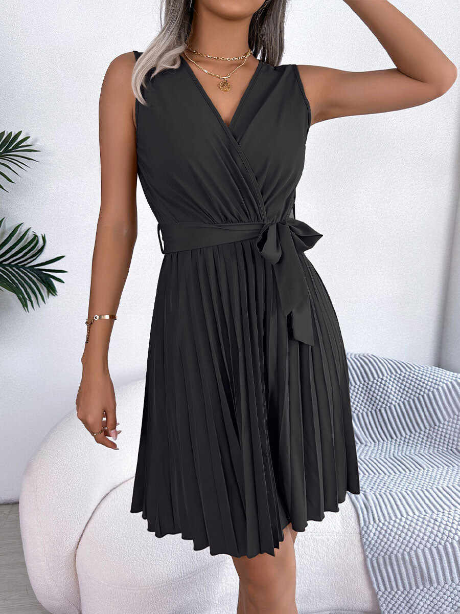 🔥Summer Arrivals🌟Women's Sleeveless V-neck Solid Color Lace Up Pleated Mini Dress