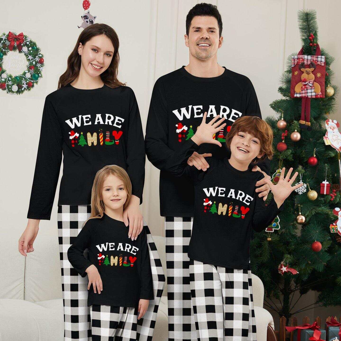 ��We Are Family�� Long Sleeve Monogrammed Plaid Parent-Child Pajamas