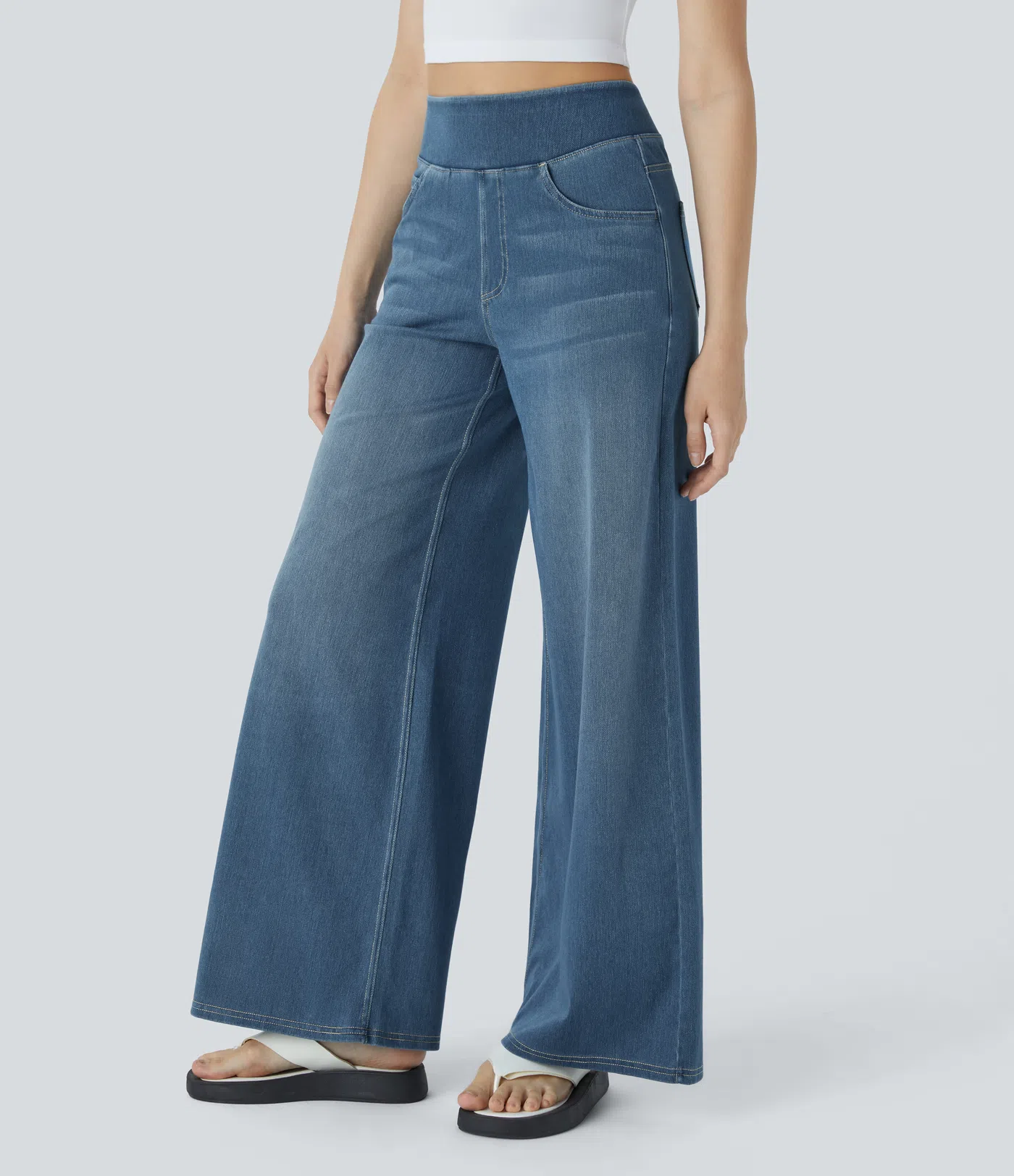 💝Last day promotion⚡High Waisted Multiple Pockets Baggy Wide Leg Washed Stretchy Knit Casual Jeans