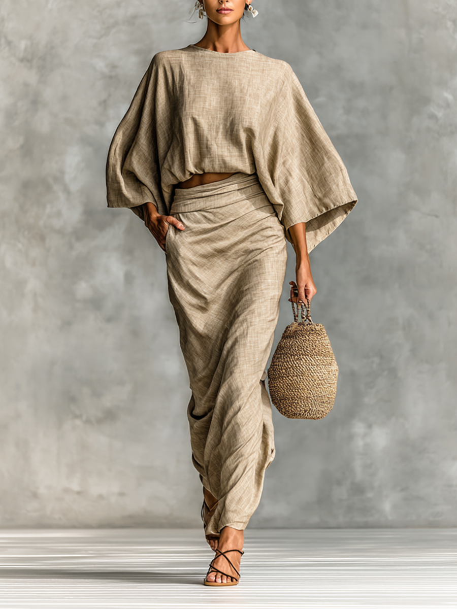 Women's Cotton And Linen Blend Bat Sleeve Long Skirt Two-piece Set