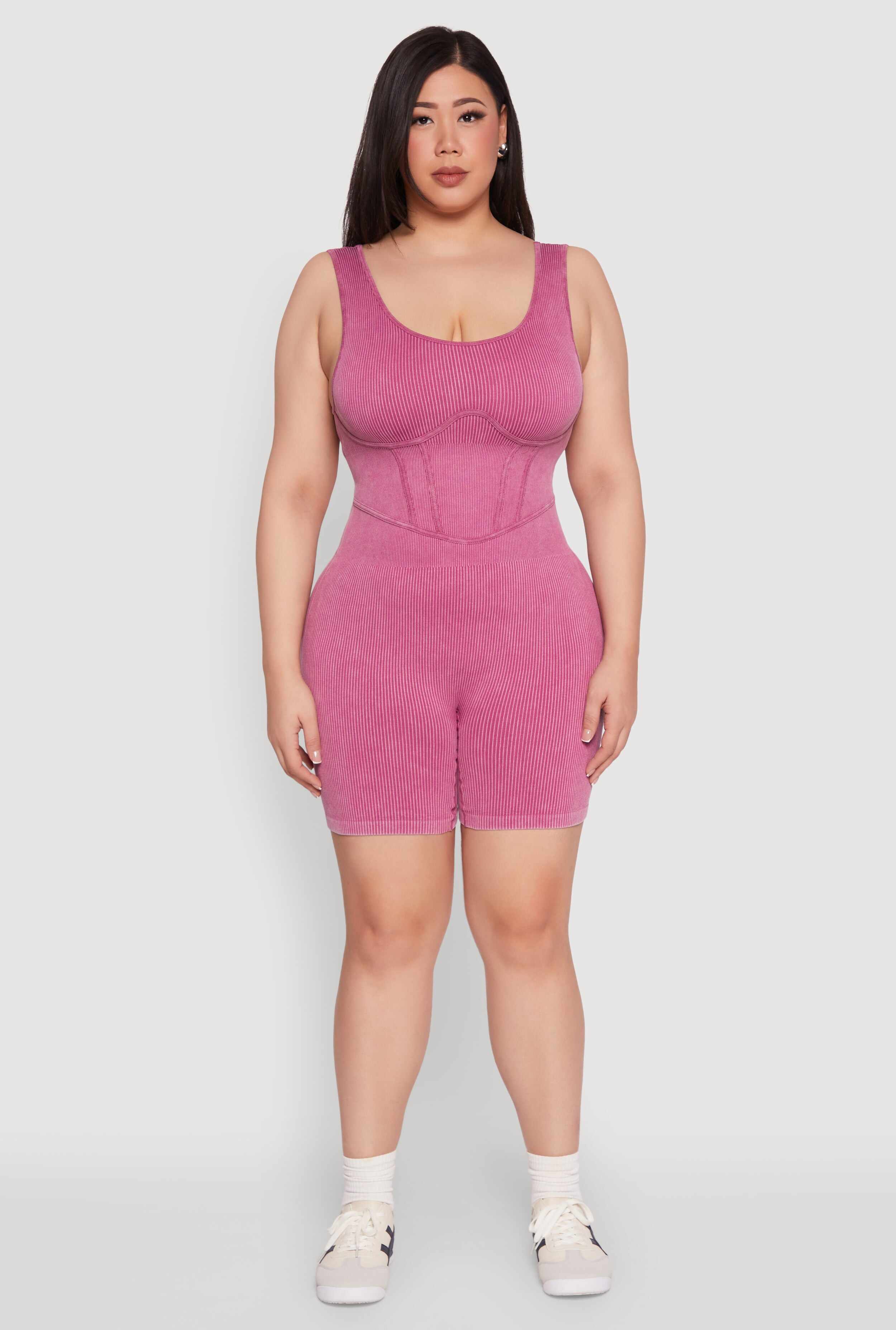 Plus Size Seamless Ribbed Corset Detail Biker Romper
