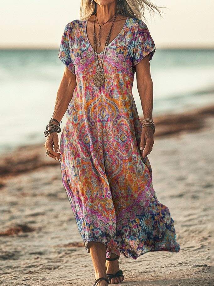 Women's Vintage Ethnic Totem Art Pattern Print Pocket Cotton Dress