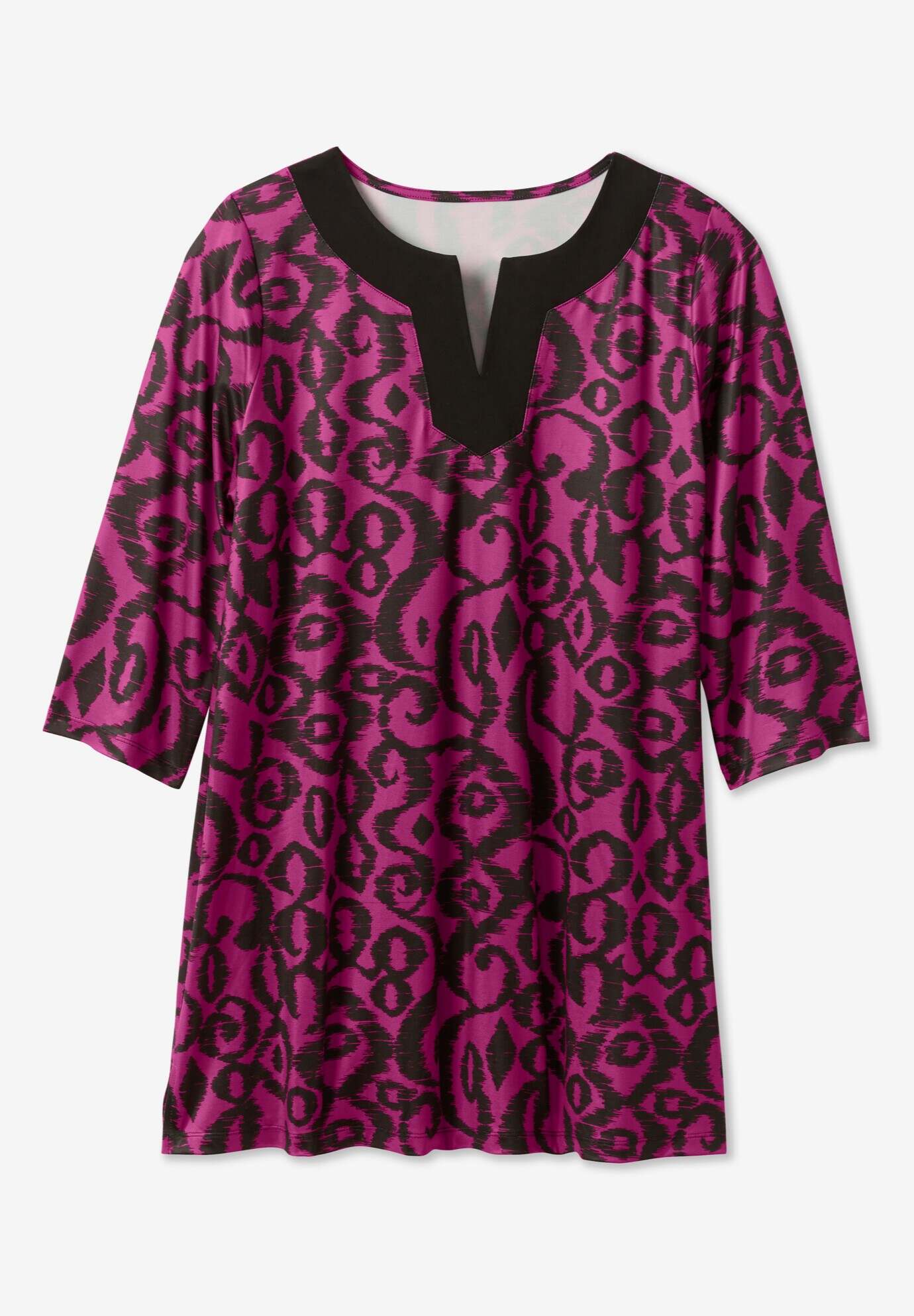 Contrast Notch-Neck Three-Quarter Sleeve Knit Tunic