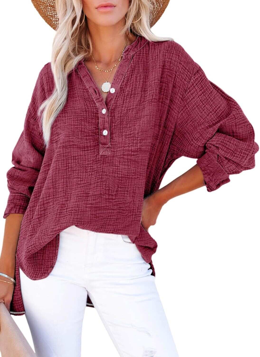 🔥10-Pack Womens Casual Gauze Button Neck Long Sleeve Oversized BlousesTops