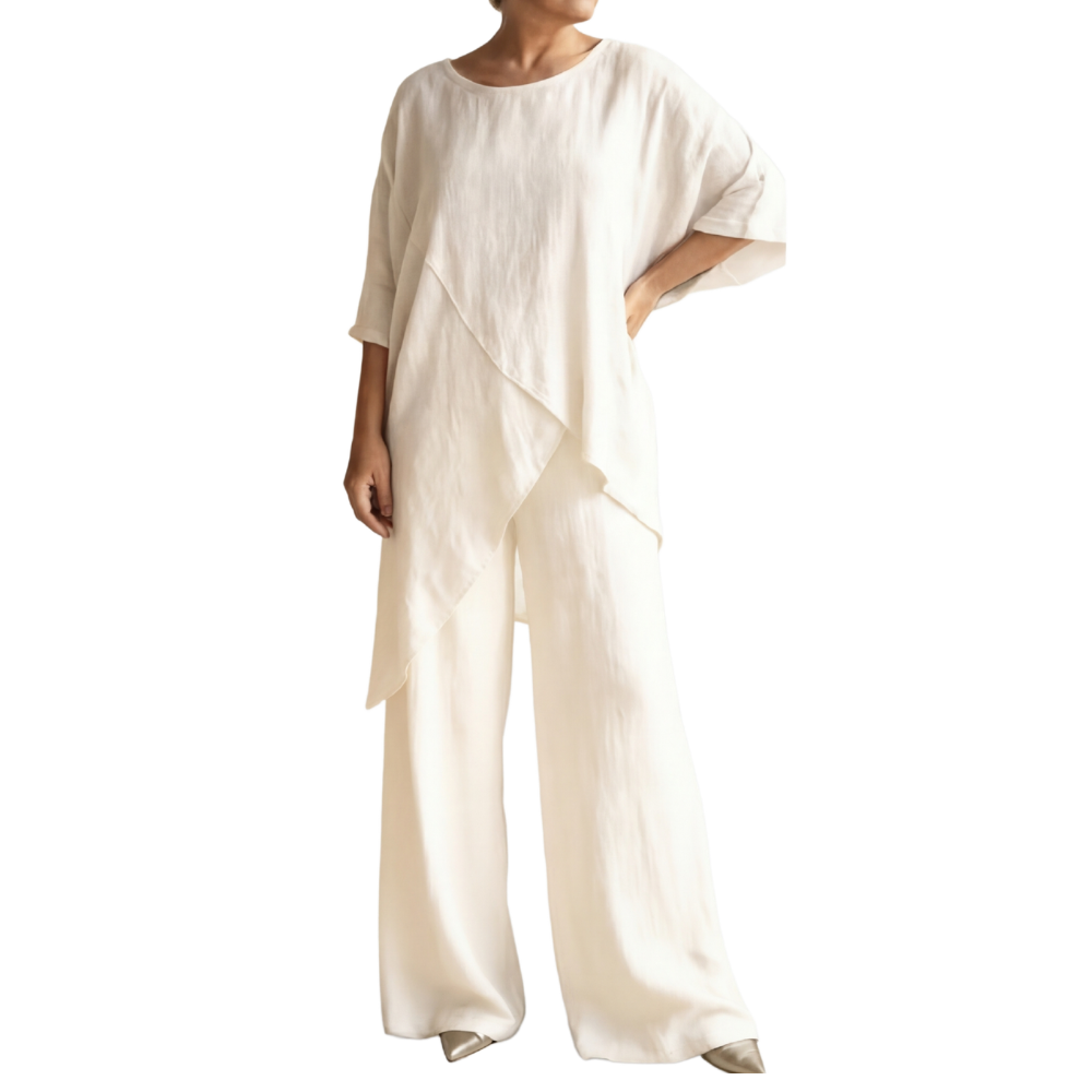 Women's Linen-Blend 2-Piece Outfit, Asymmetrical Layered Tunic Top + Wide Leg Pants