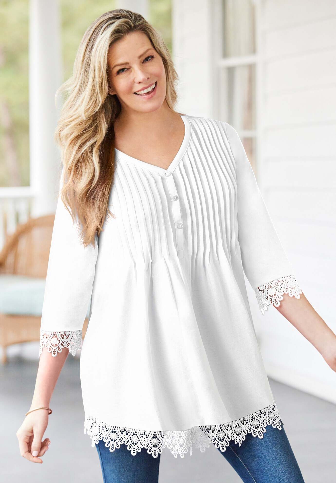 Pintuck Henley Crochet Trim Tunic