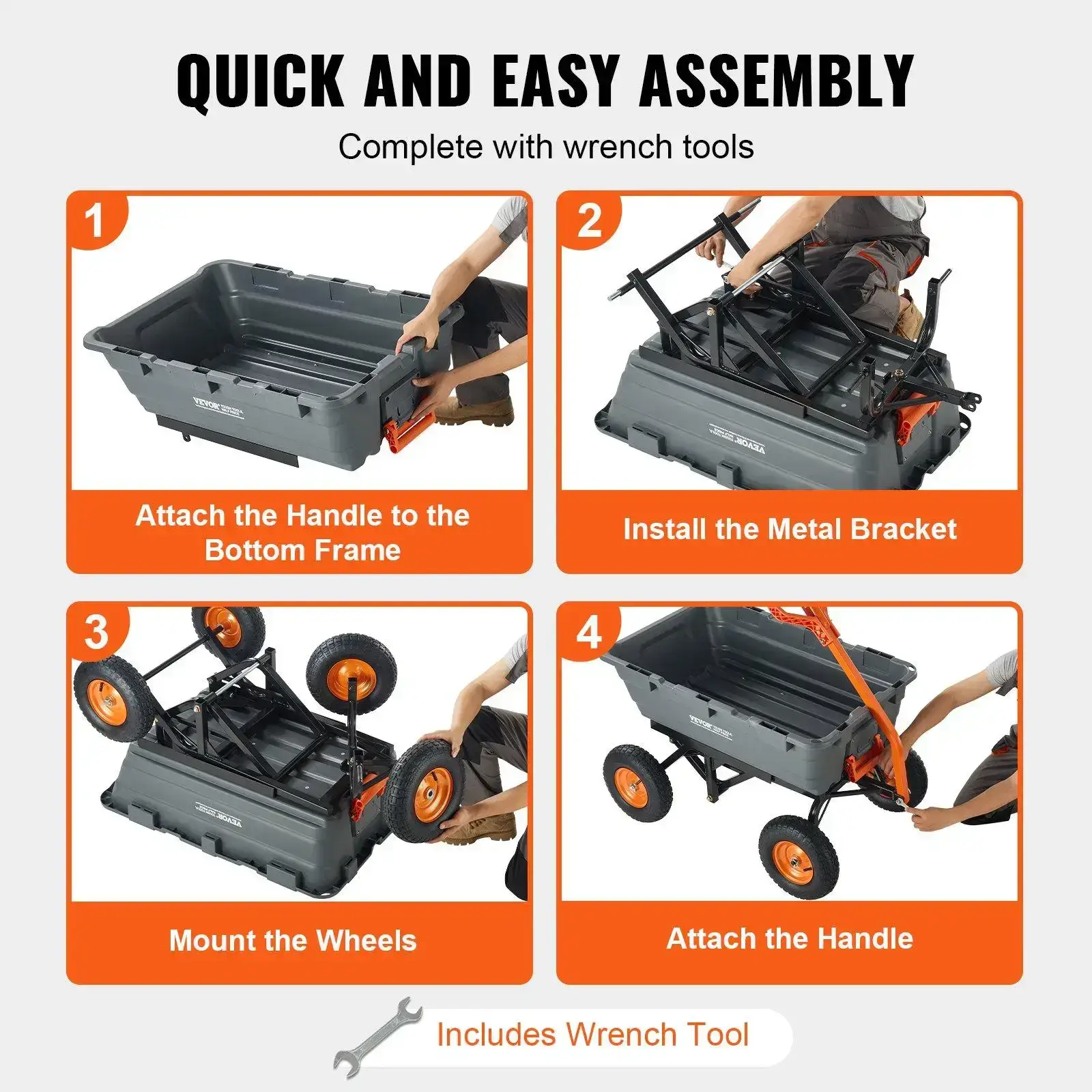 Polyethylene Garden Dump Cart – Features an easy-to-assemble steel frame, a 2-in-1 convertible handle, and 13-inch tires; 1,500 lb maximum load capacity.
