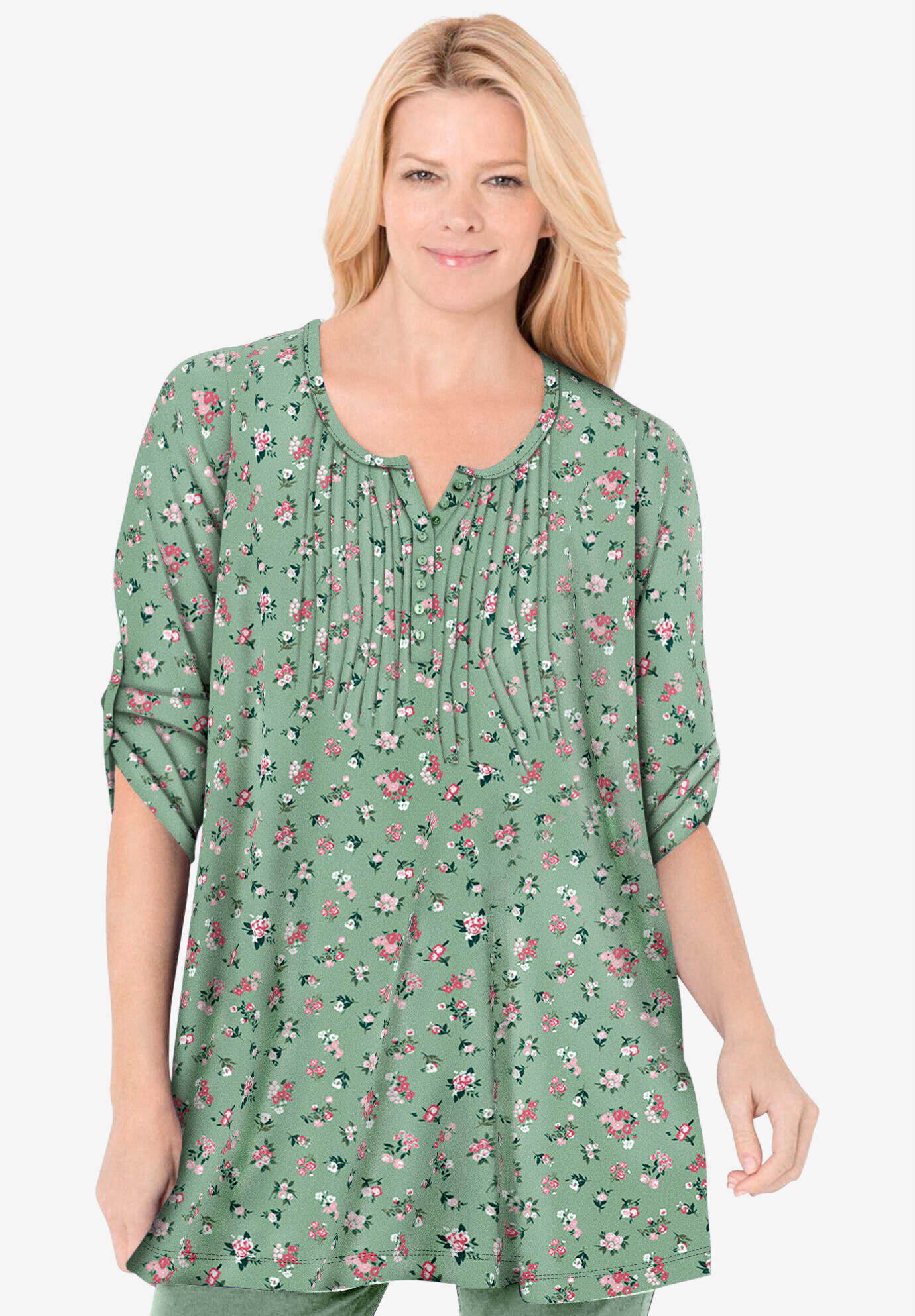 7-Day Three-Quarter Sleeve Pintucked Henley Tunic