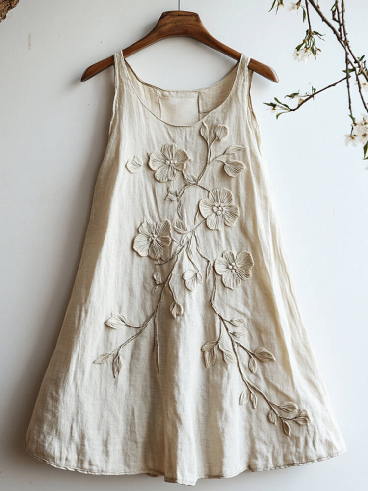 Vintage Floral Embroidery Casual Linen Sleeveless Dress