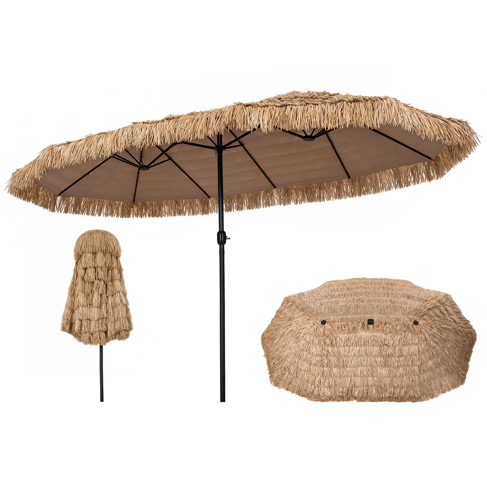 15 FT Solar Tiki Patio Umbrella with Base Included, Double-sided Hawaiian Style Thatched Market Table Umbrella with144 Multi-colored Flowing LED Lights, 12 Modes, Crank Handle, 12 Ribs, PE Grass Outdoor Umbrell for Pool Deck Garden Backyard