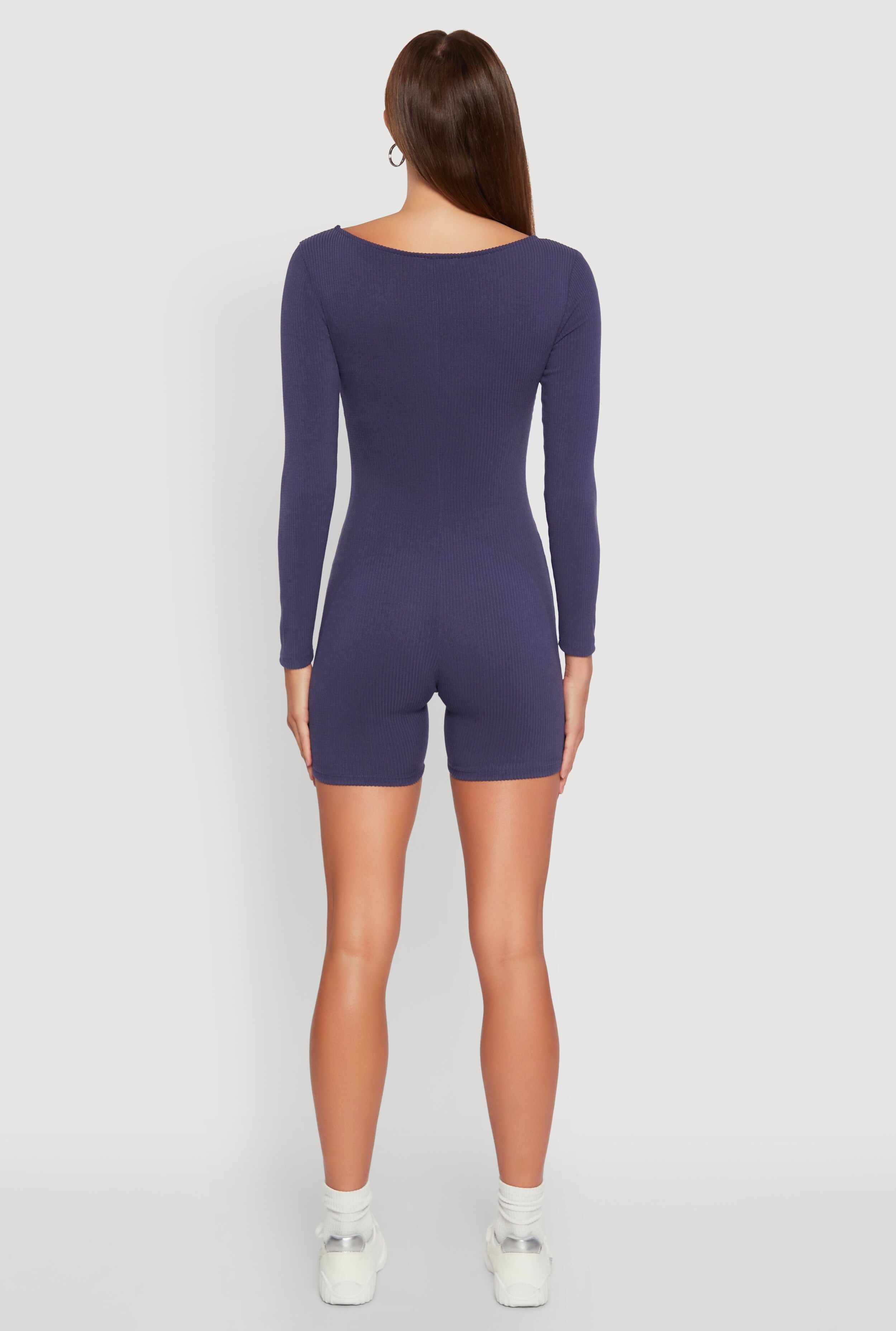 Brushed Rib Knit Long Sleeve Square Neck Catsuit